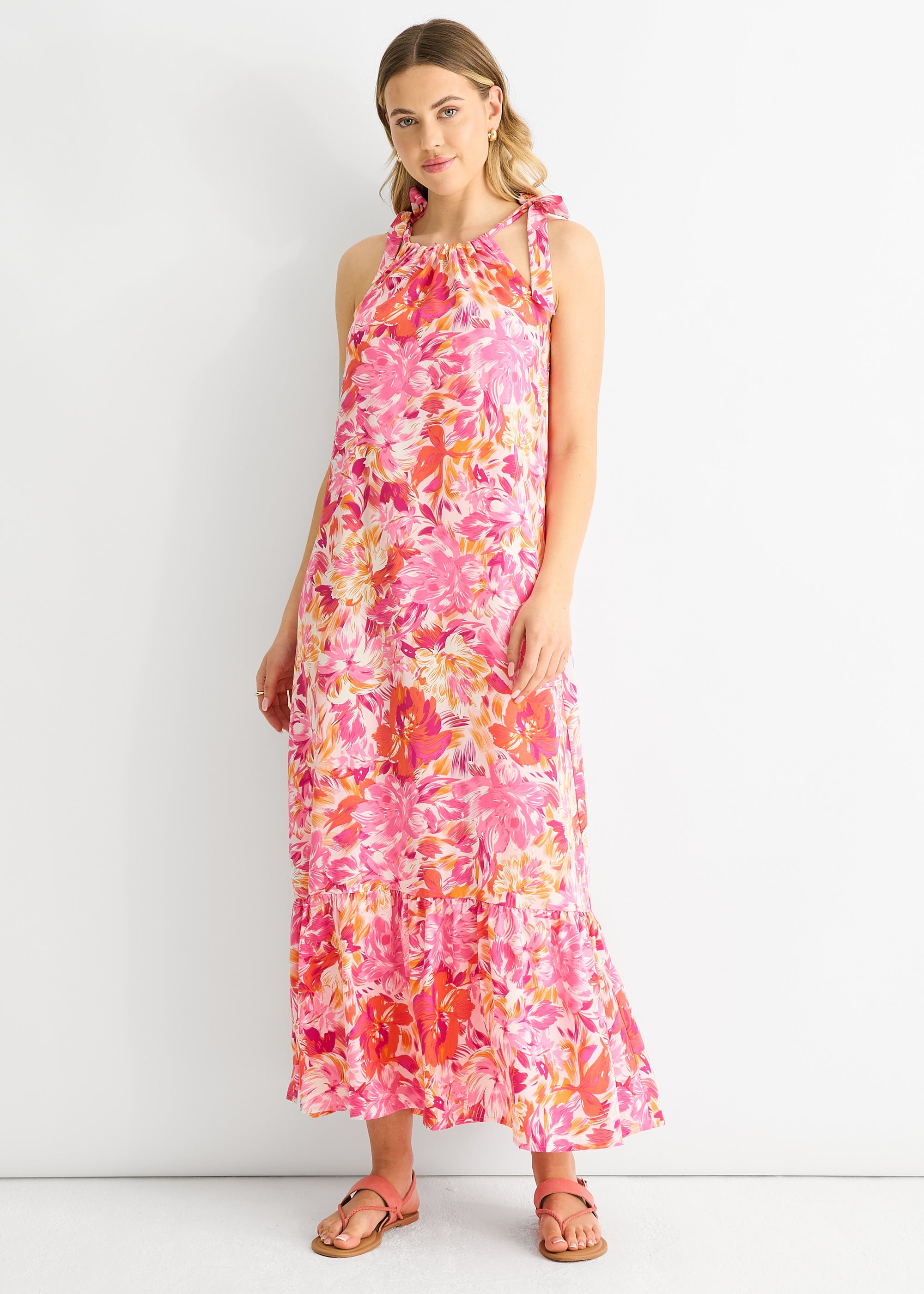 Red Floral Tie Straps Trapeze Dress