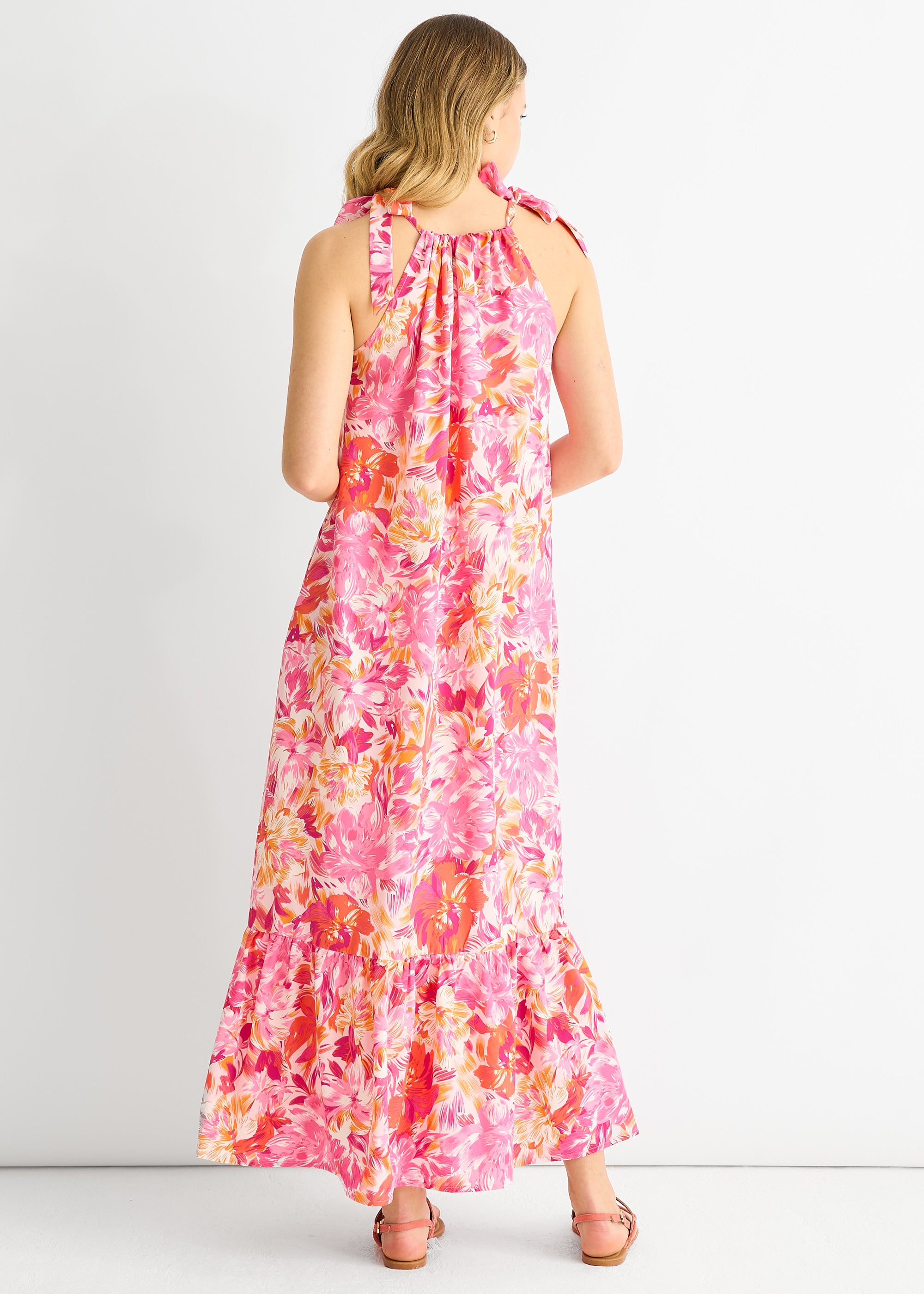 Red Floral Tie Straps Trapeze Dress
