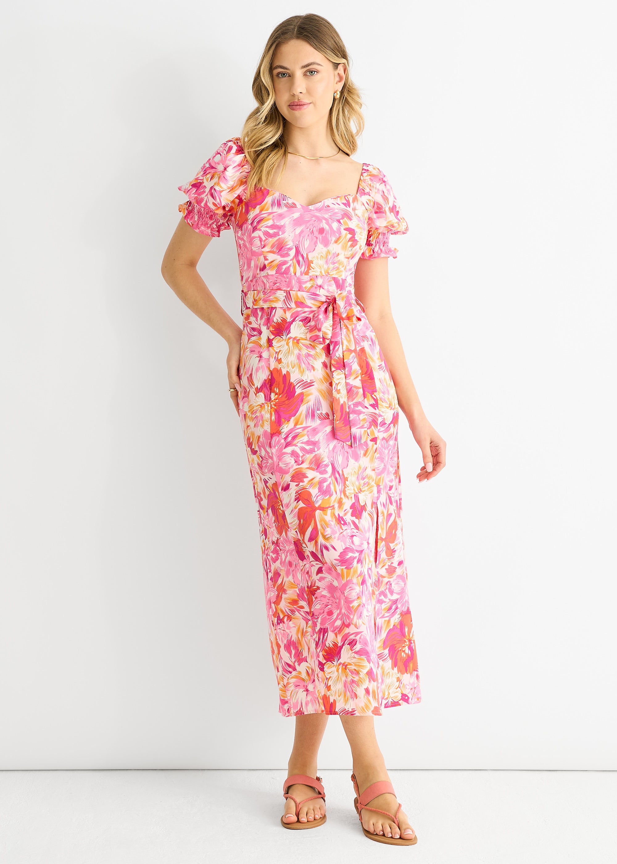 Red Floral Puff Sleeves Belted Midi Dress