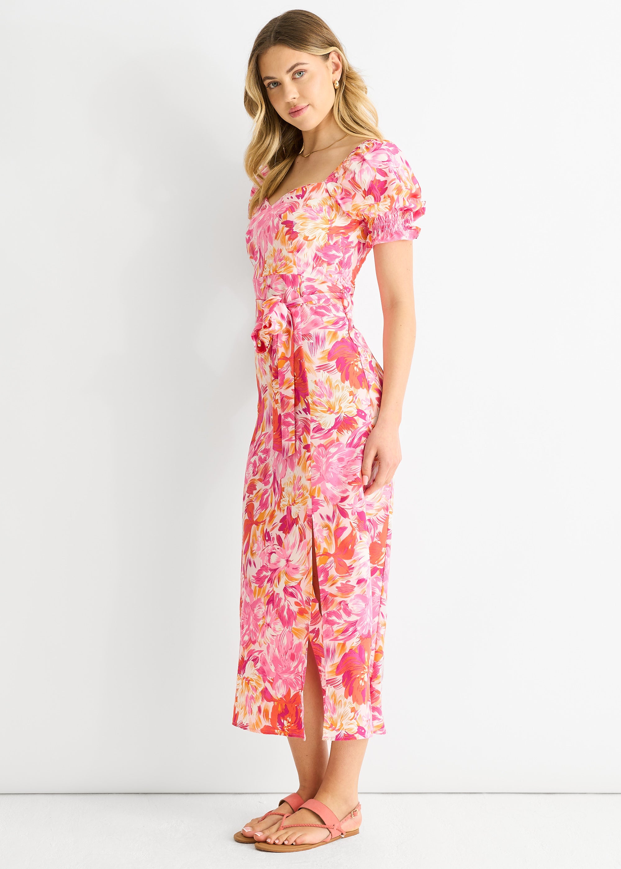 Red Floral Puff Sleeves Belted Midi Dress