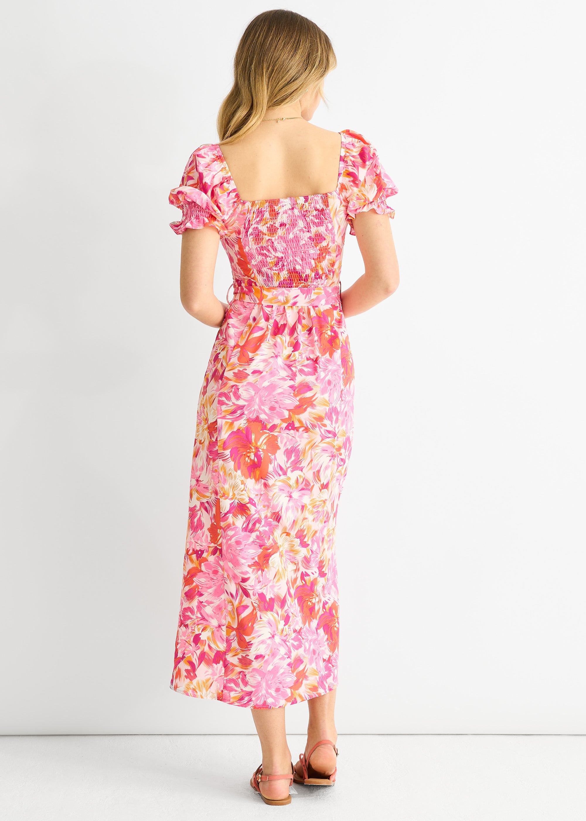 Red Floral Puff Sleeves Belted Midi Dress
