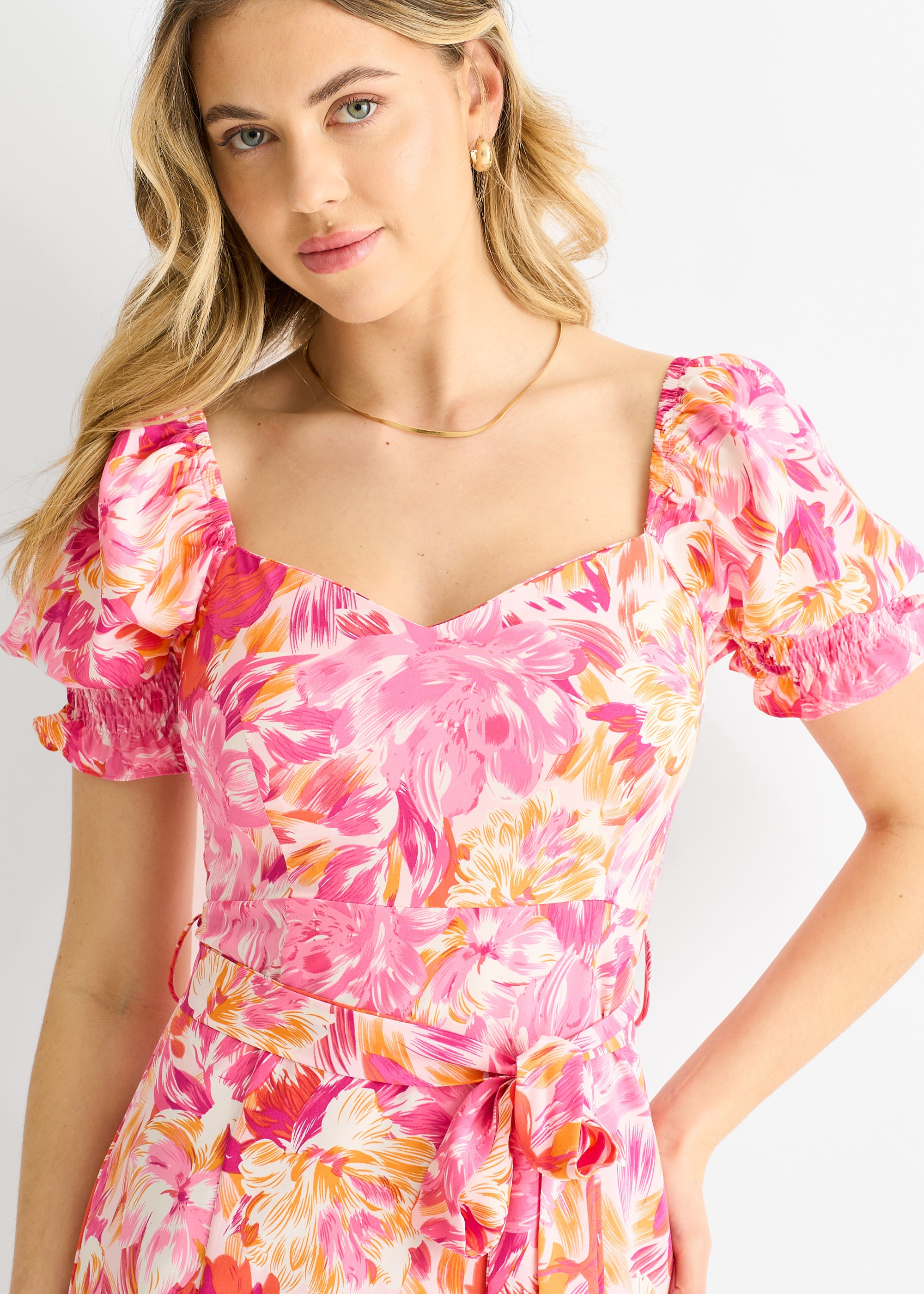 Red Floral Puff Sleeves Belted Midi Dress