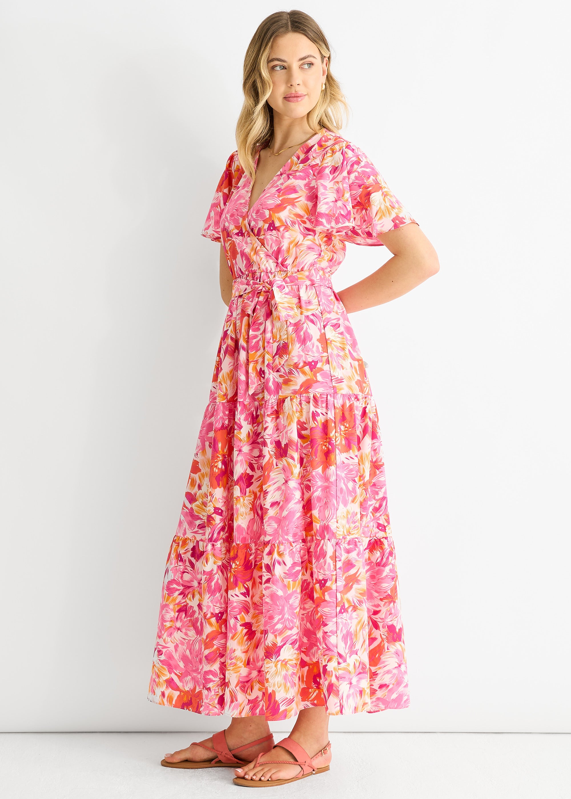 Red Floral Wrap Belted Midi Dress