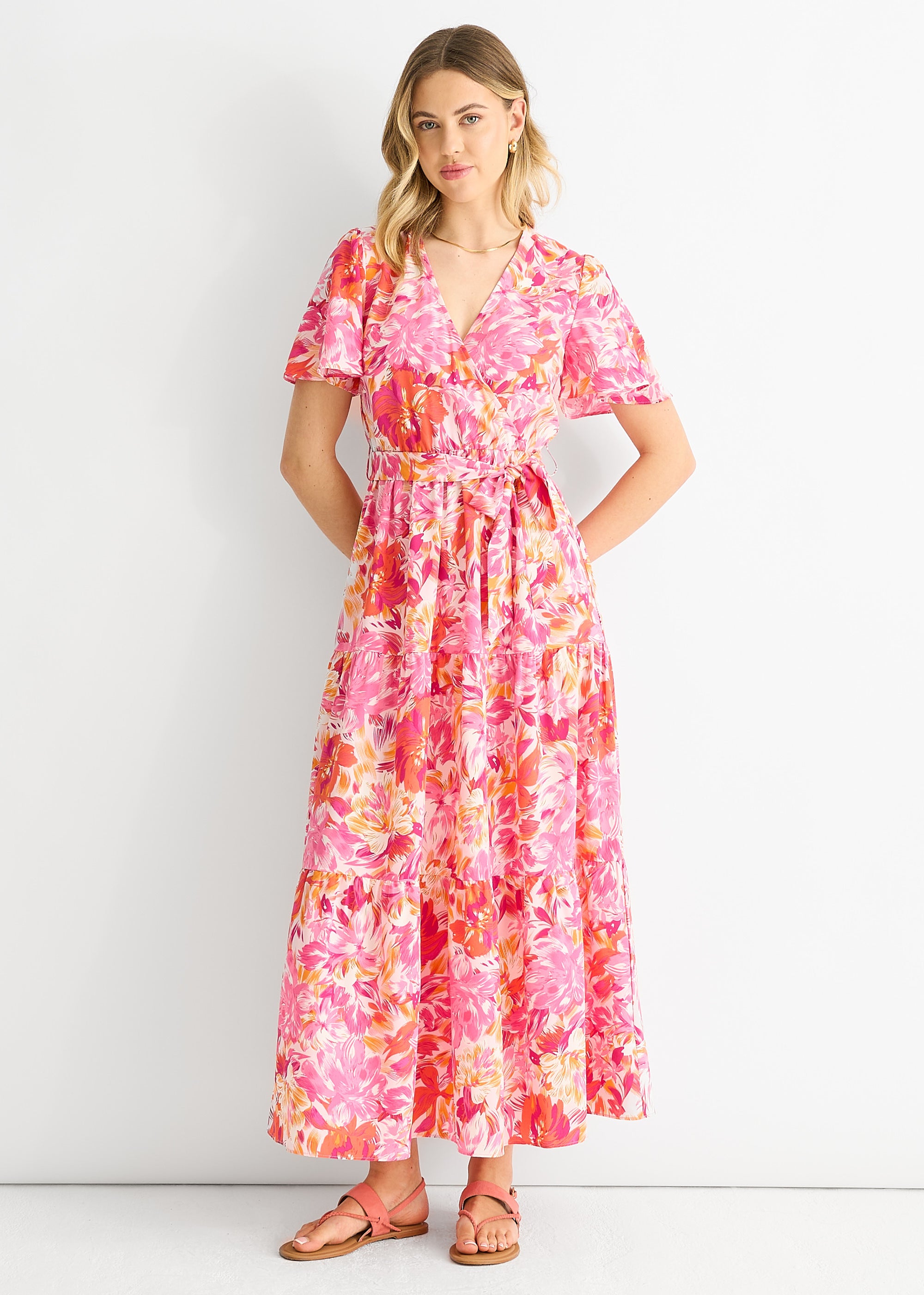 Red Floral Wrap Belted Midi Dress