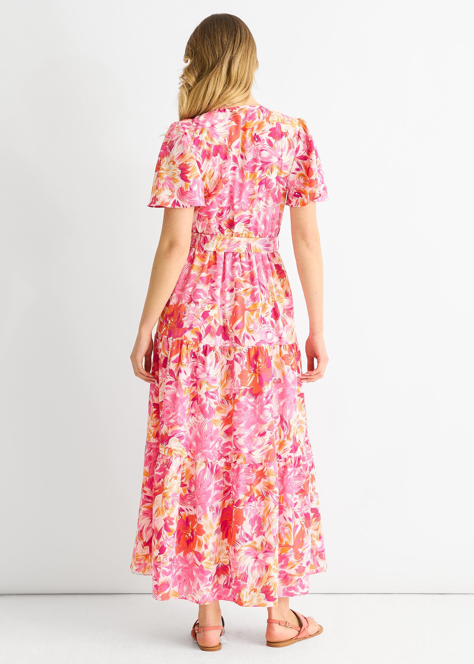 Red Floral Wrap Belted Midi Dress