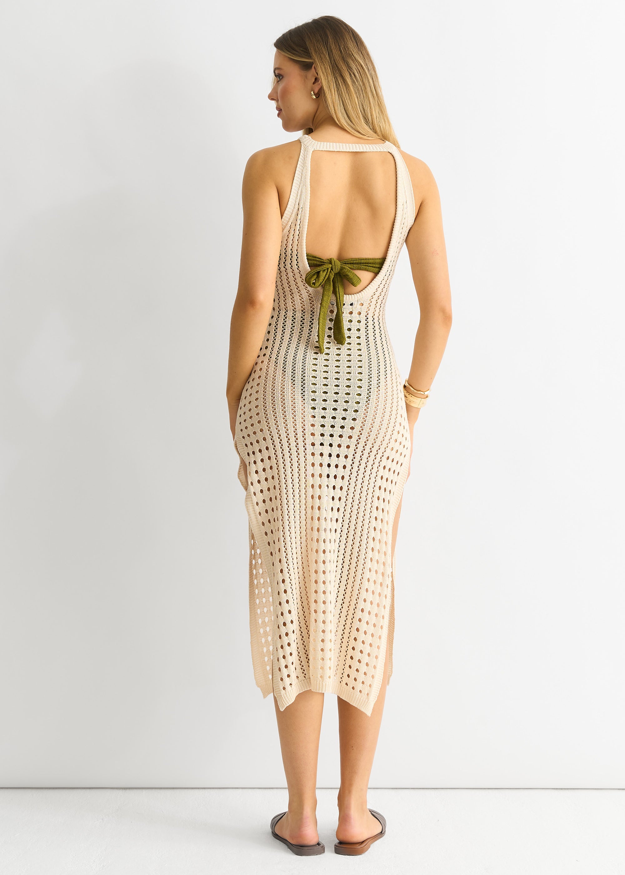 Beige Crochet Knit Bodycon Slit Dress