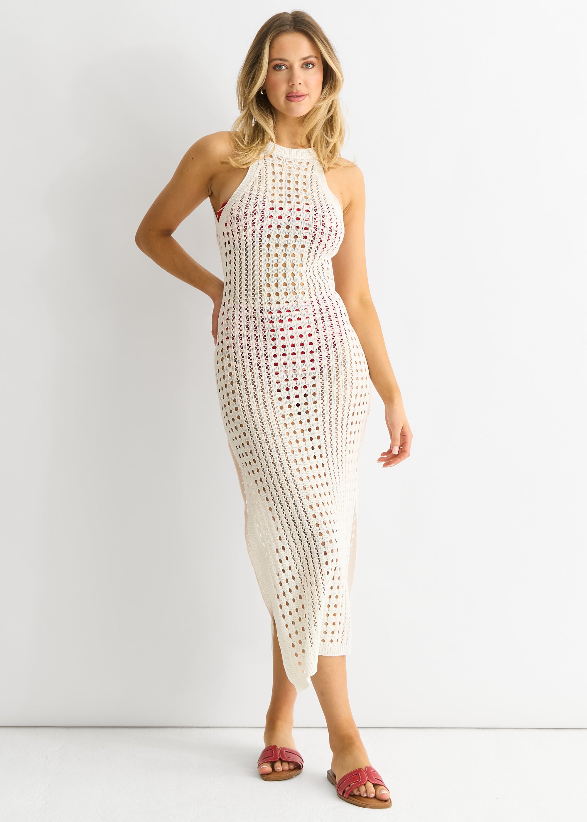 White Crochet Knit Bodycon Slit Dress