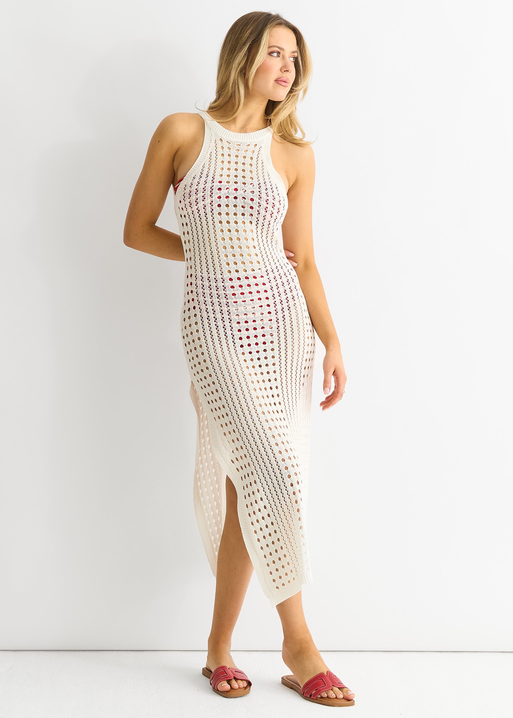 White Crochet Knit Bodycon Slit Dress