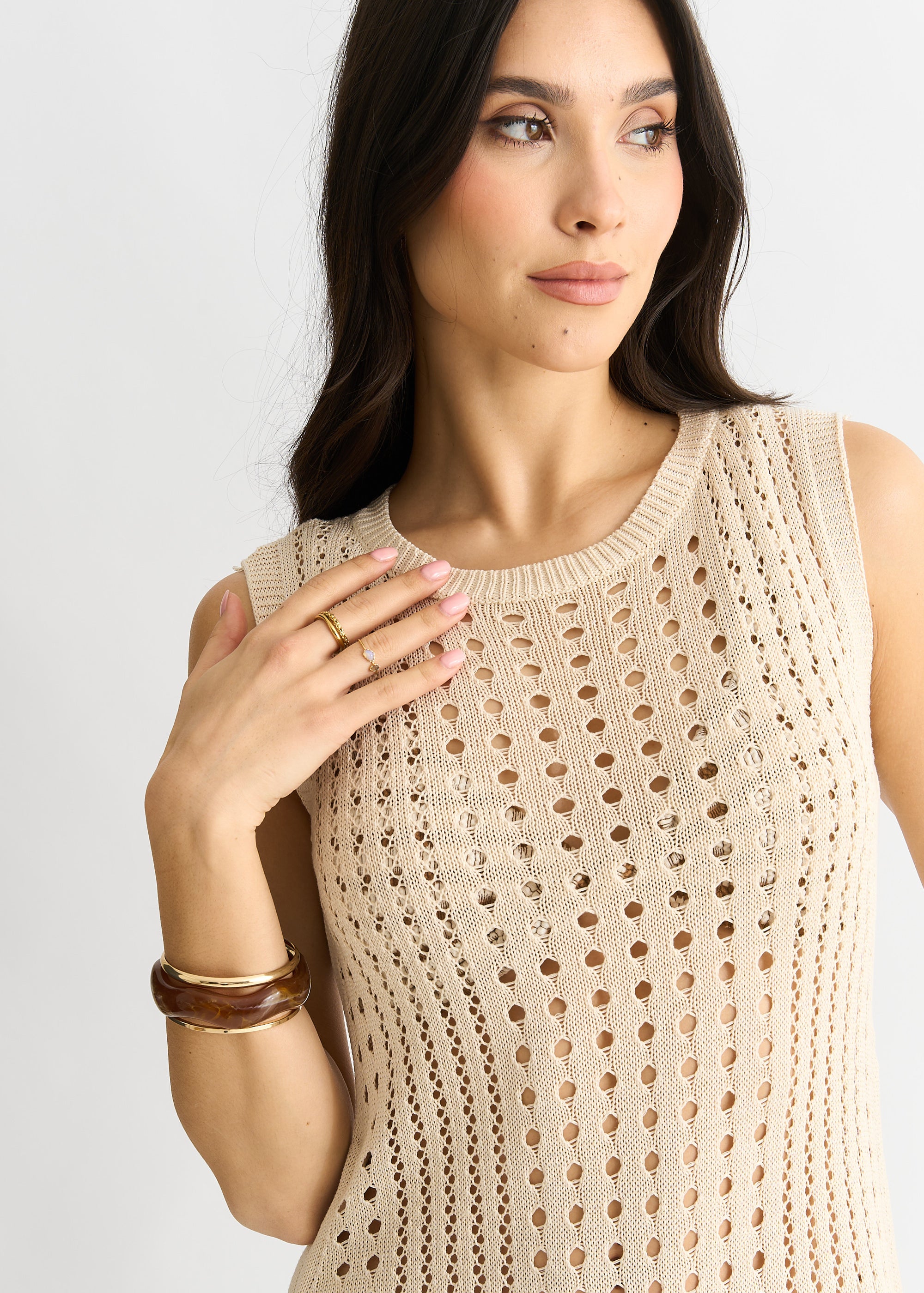 Beige Crochet Knit Bodycon Midi Dress