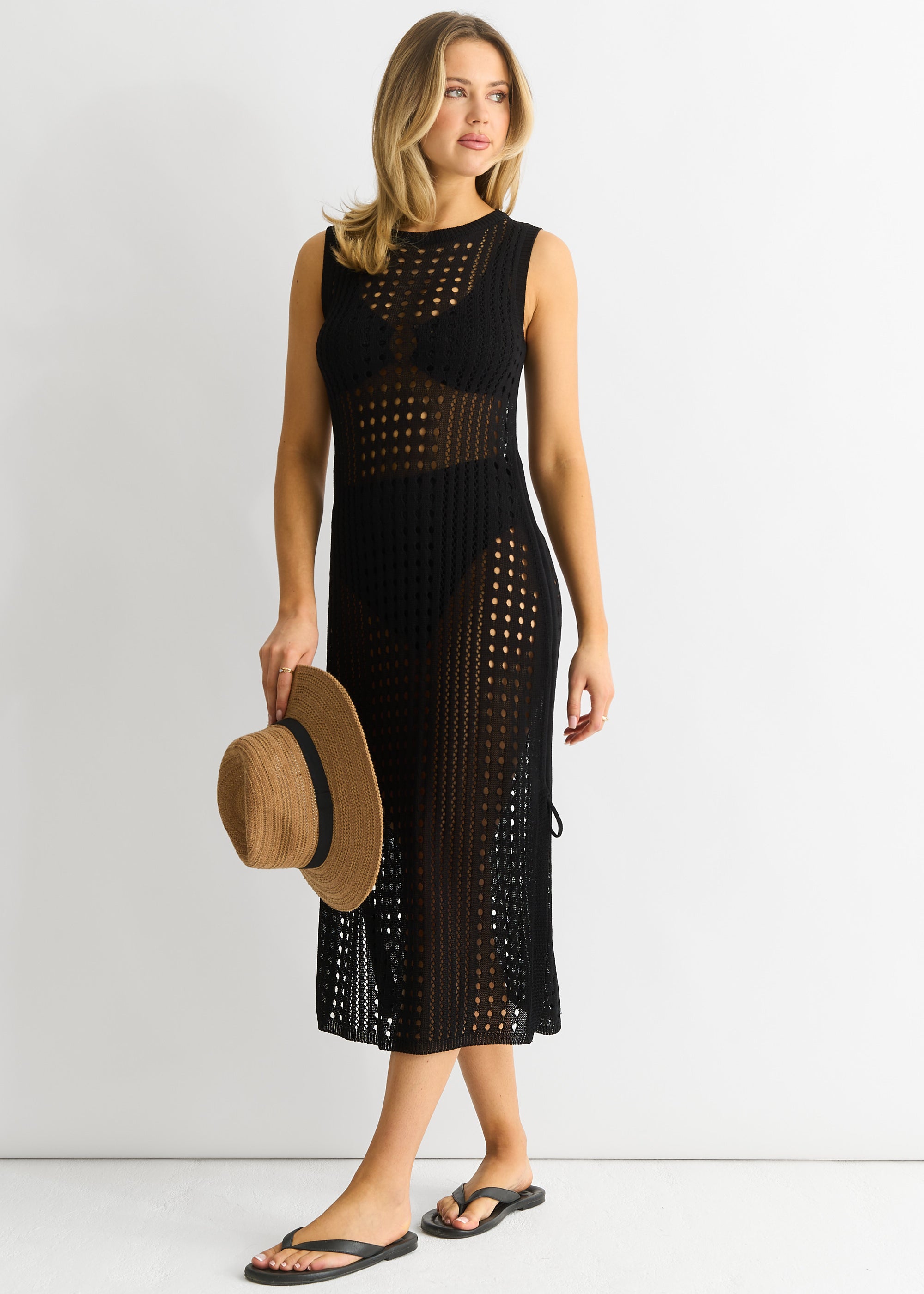 Black Crochet Knit Bodycon Midi Dress
