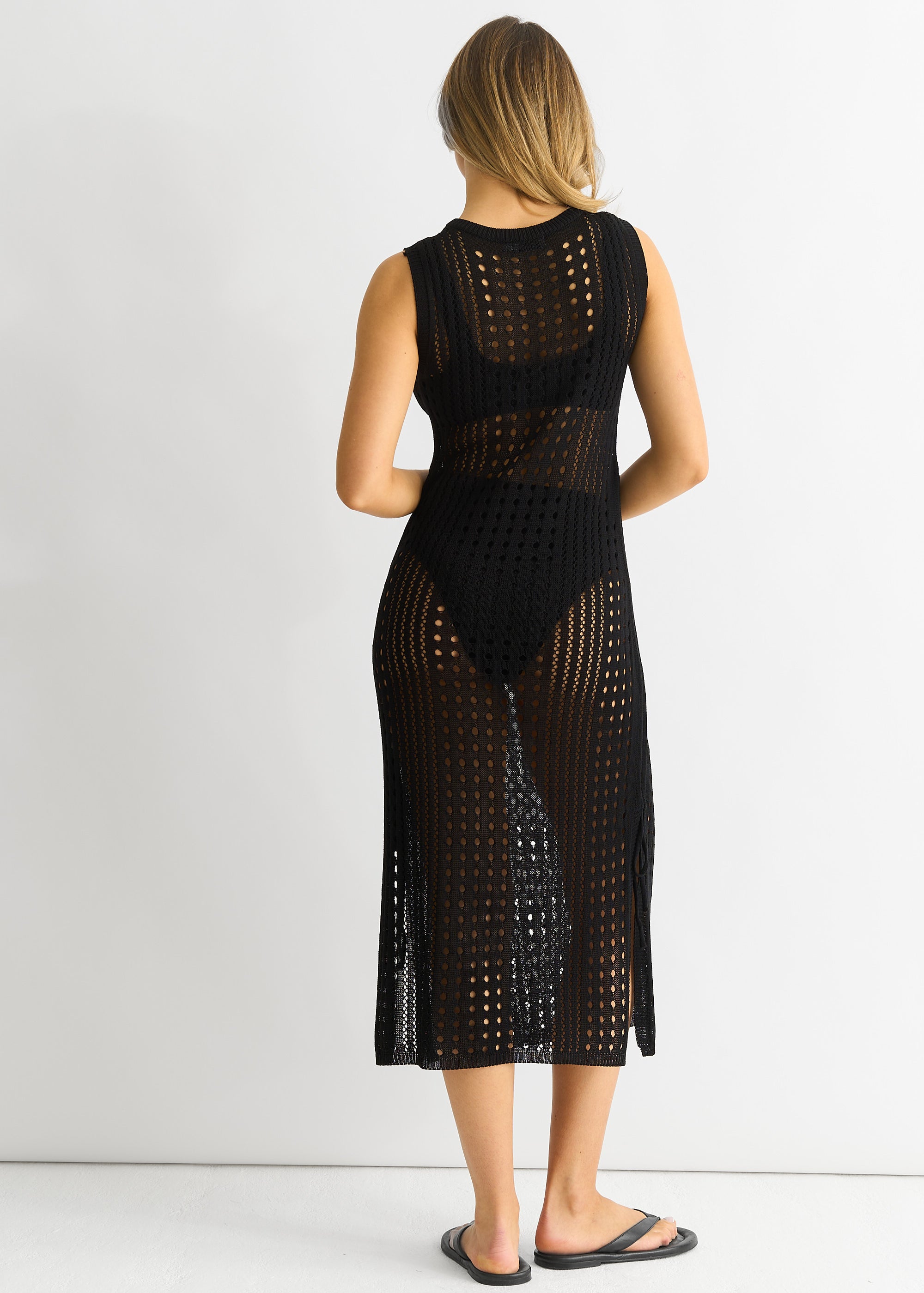 Black Crochet Knit Bodycon Midi Dress