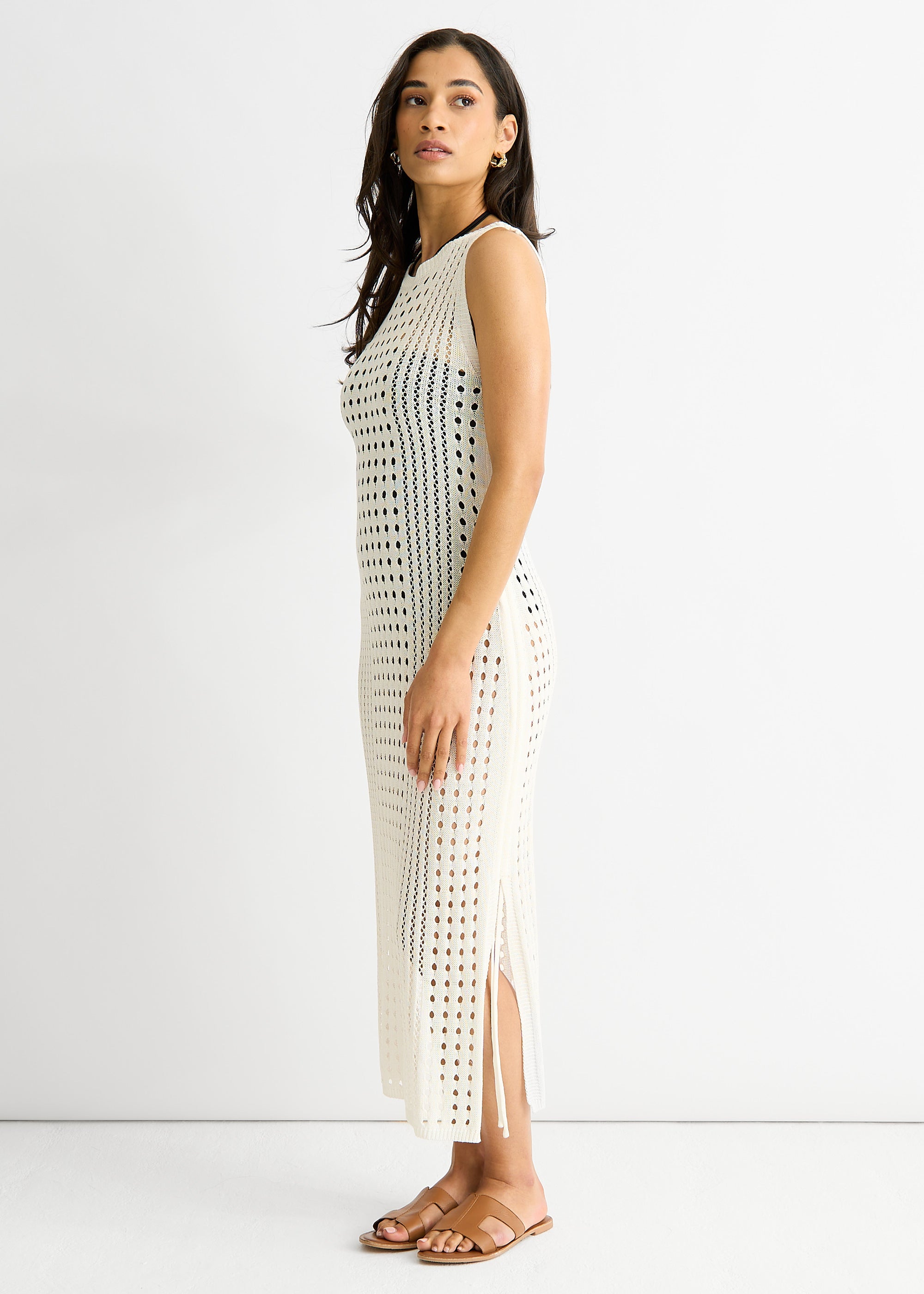 White Crochet Knit Bodycon Midi Dress