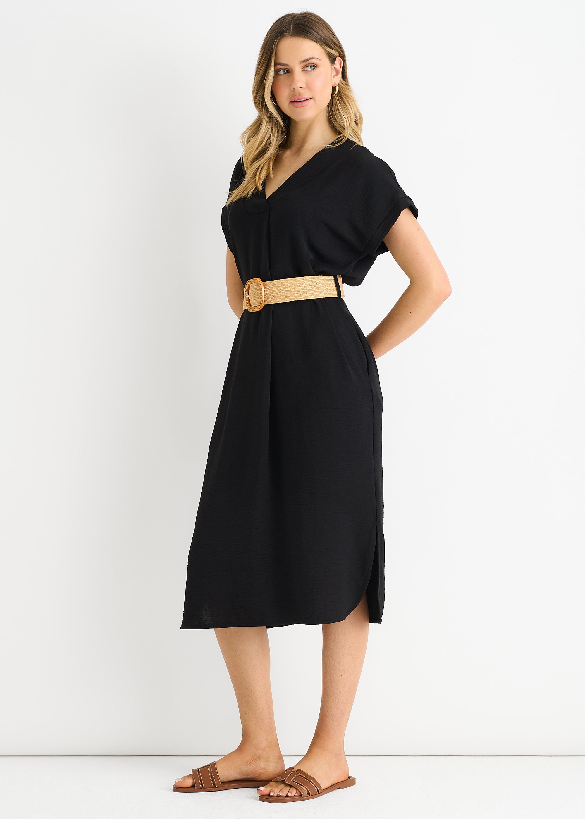 Black Air Flow Belted Oversized Dress