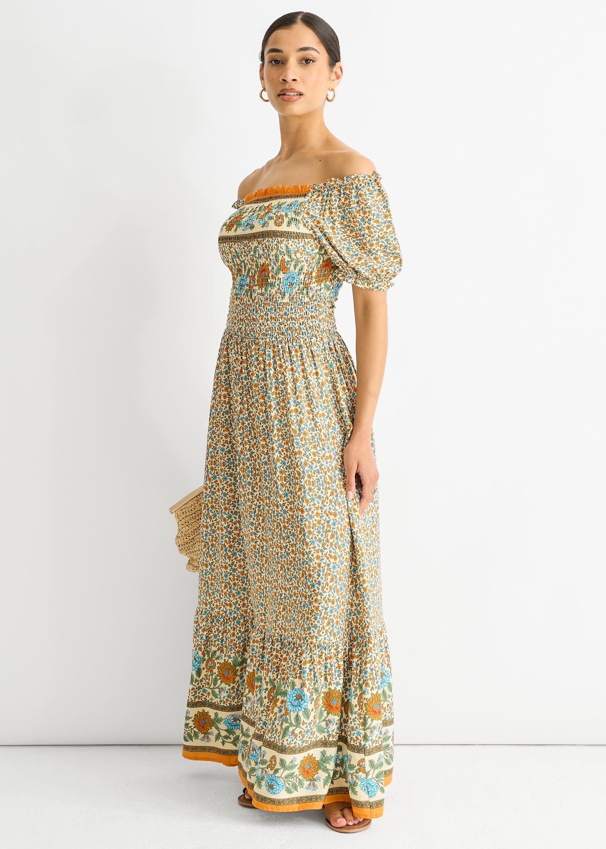 Beige Viscose Border Print Shirred Maxi Dress