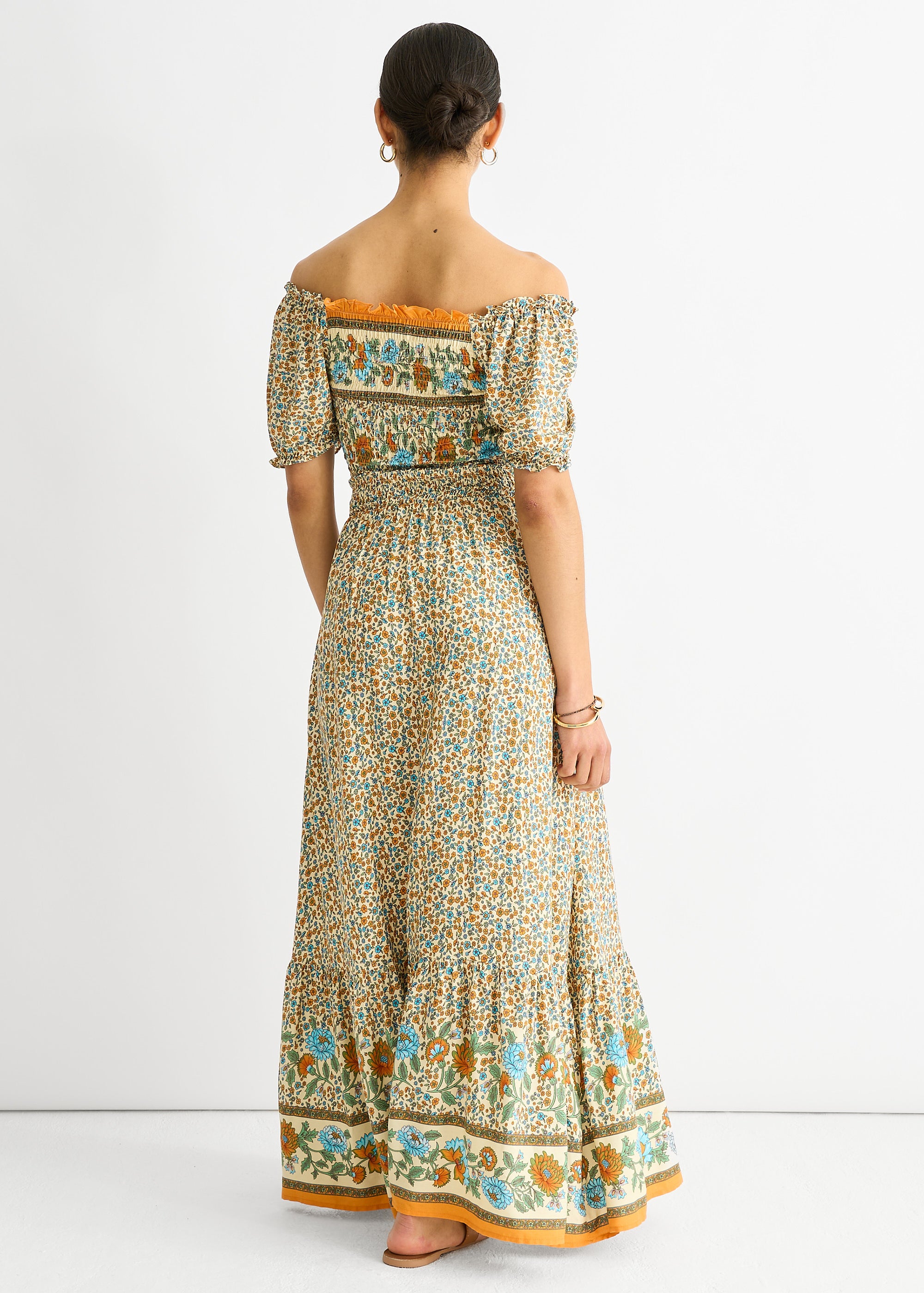 Beige Viscose Border Print Shirred Maxi Dress