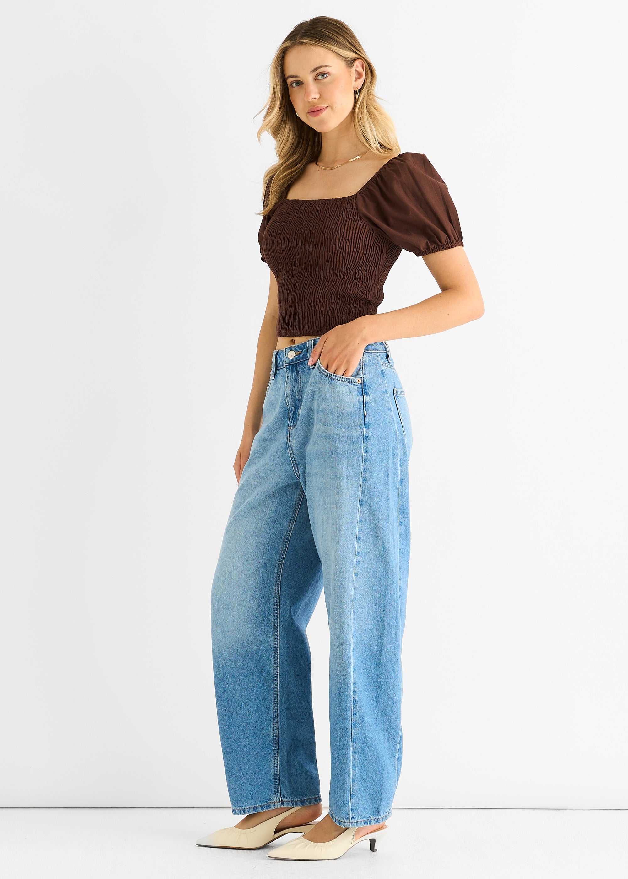 Chocolate Puff Sleeve Shirred Cotton Top