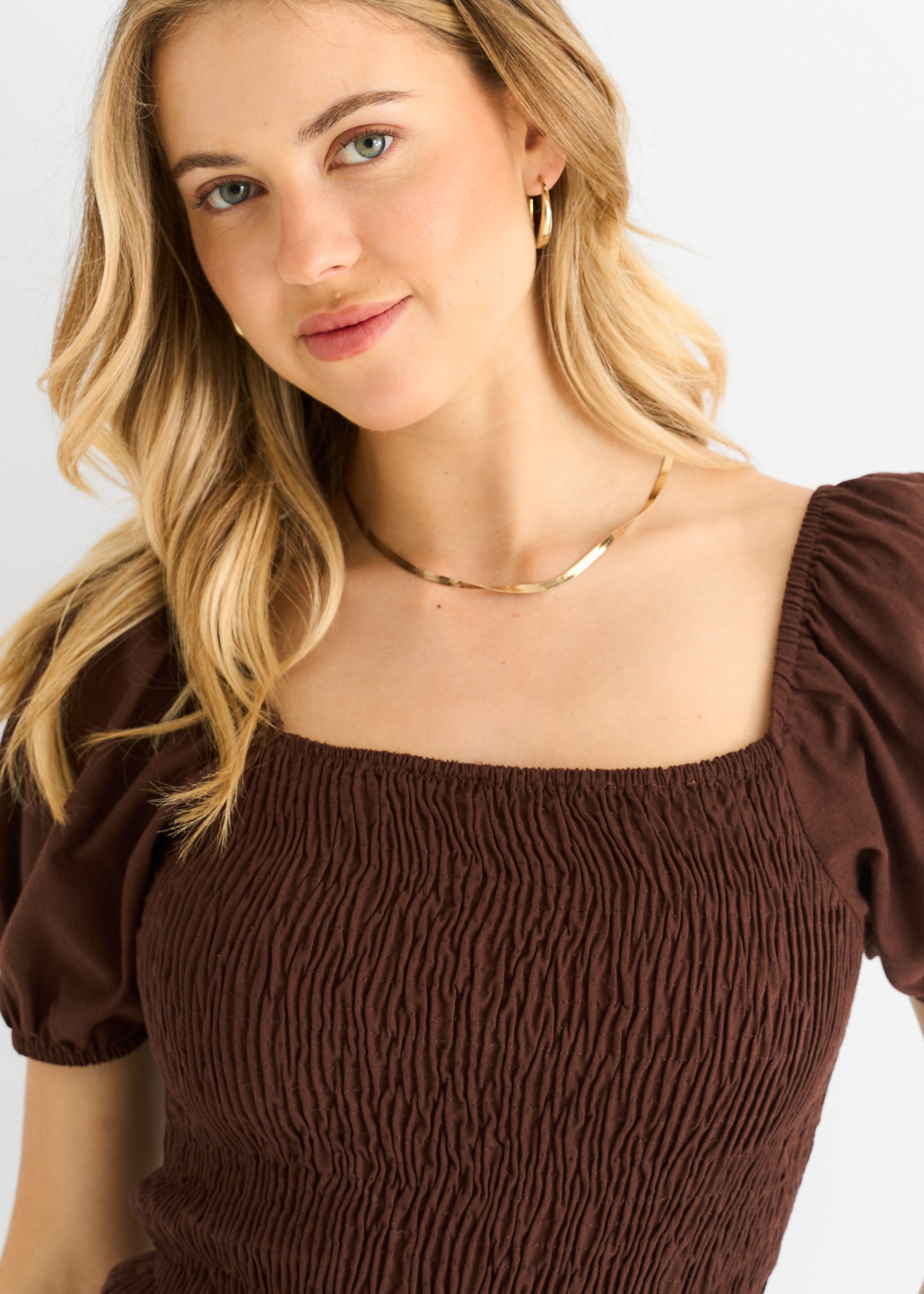 Chocolate Puff Sleeve Shirred Cotton Top
