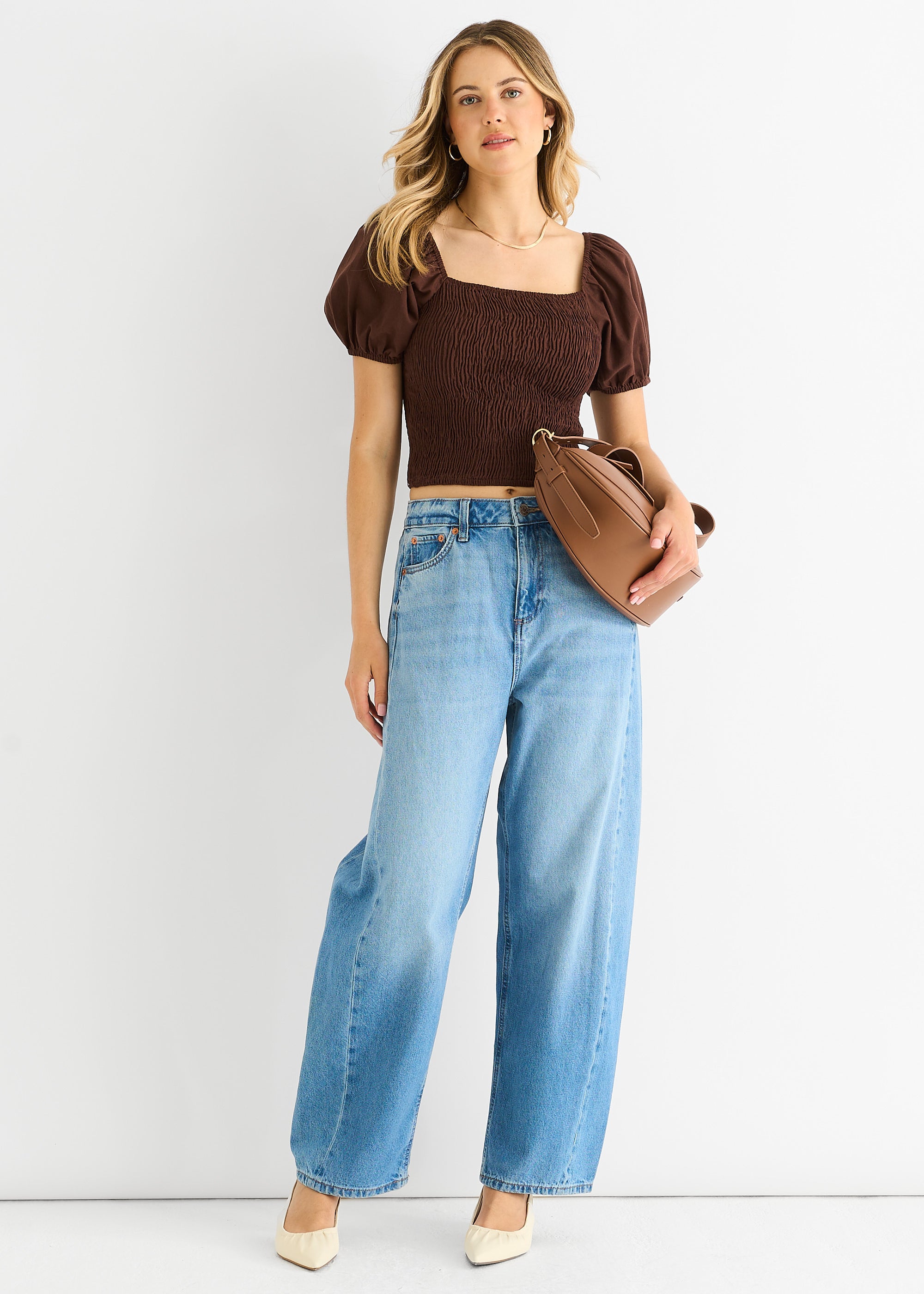 Chocolate Puff Sleeve Shirred Cotton Top