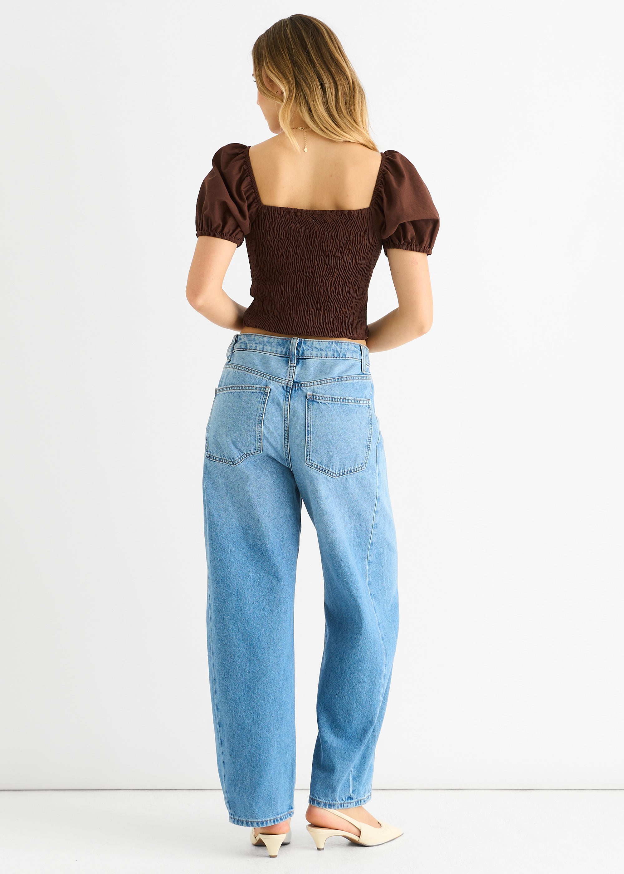 Chocolate Puff Sleeve Shirred Cotton Top