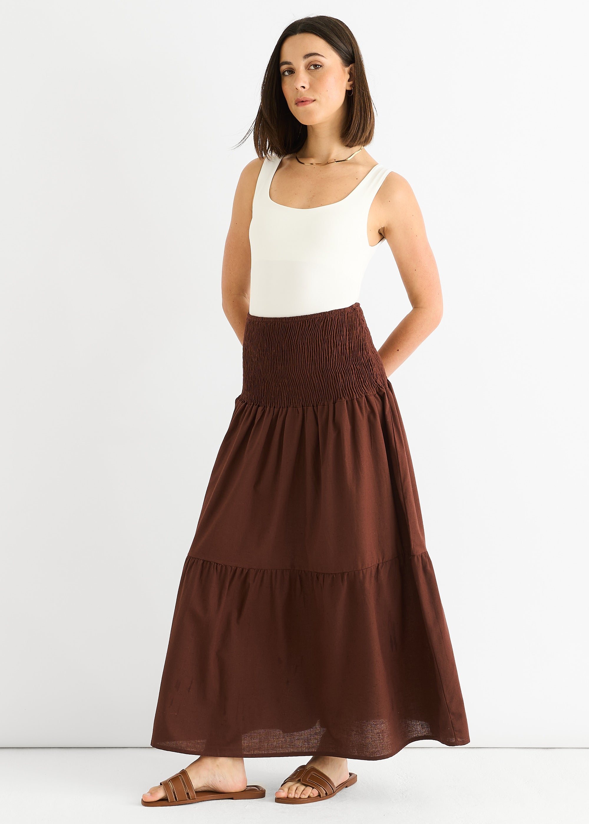 Chocolate Cotton Smock Tiered Cotton Maxi Skirt