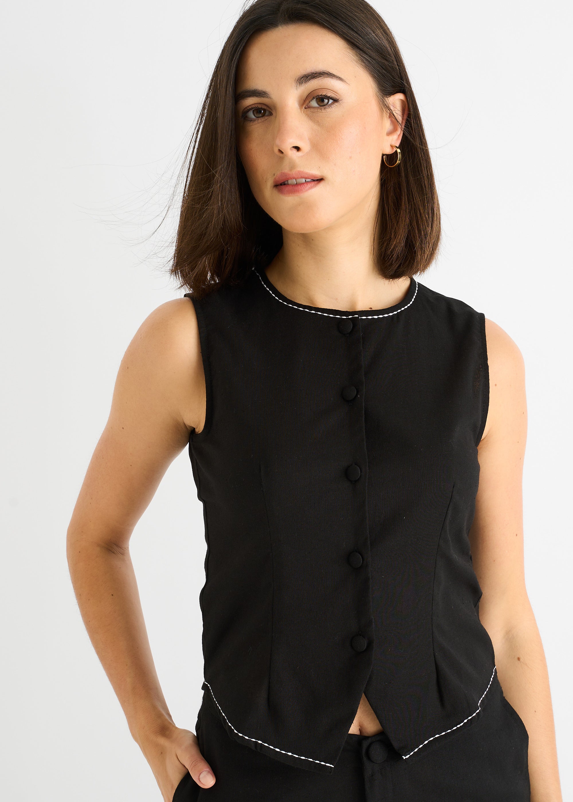 Black Cotton Contrast Stitch Detail Waist Coat
