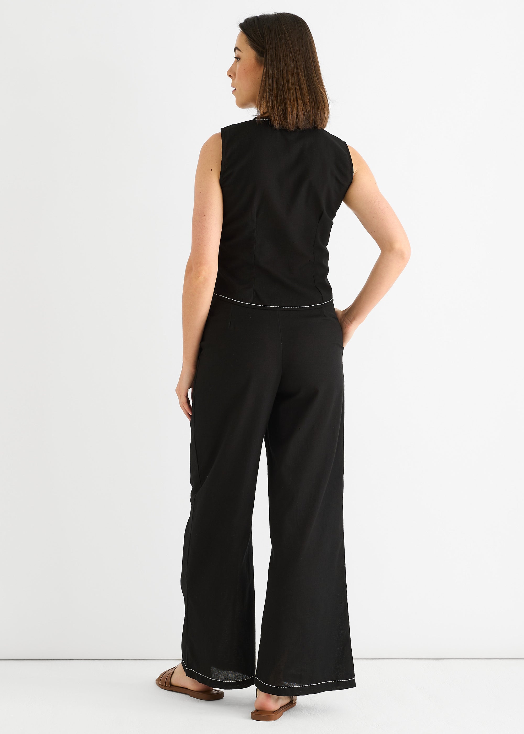 Black Cotton Contrast Stitch Detail Waist Coat