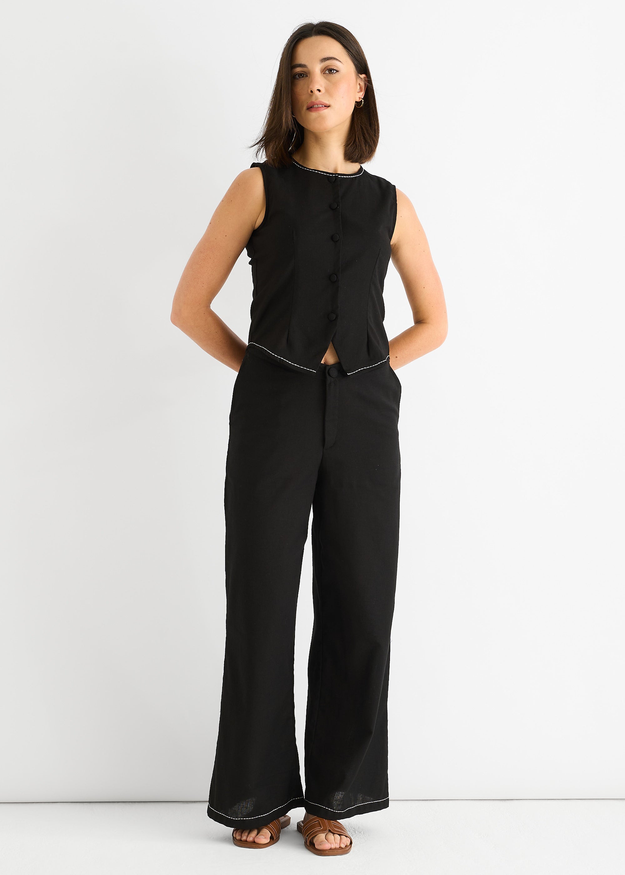 Black Cotton Contrast Stitch Detail Waist Coat