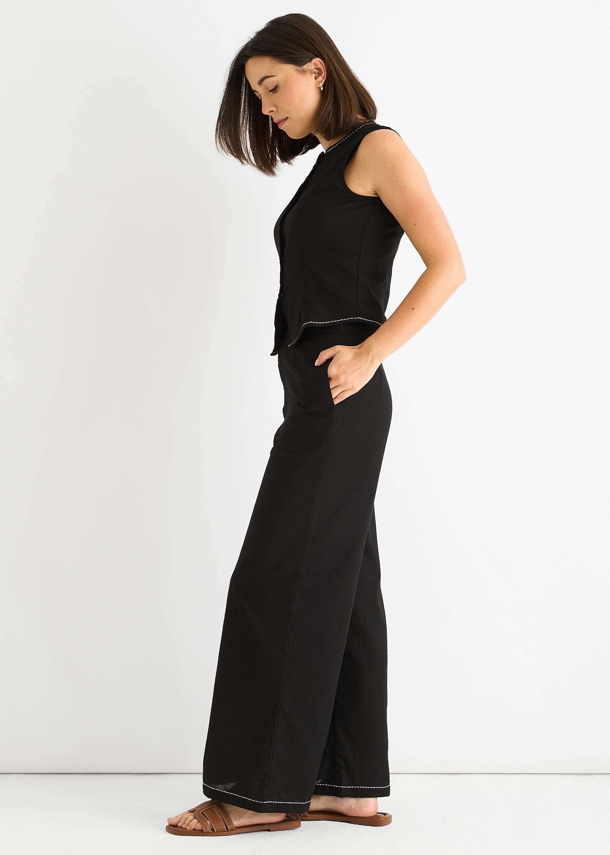 Black Cotton Contrast Stitch Detail Waist Coat