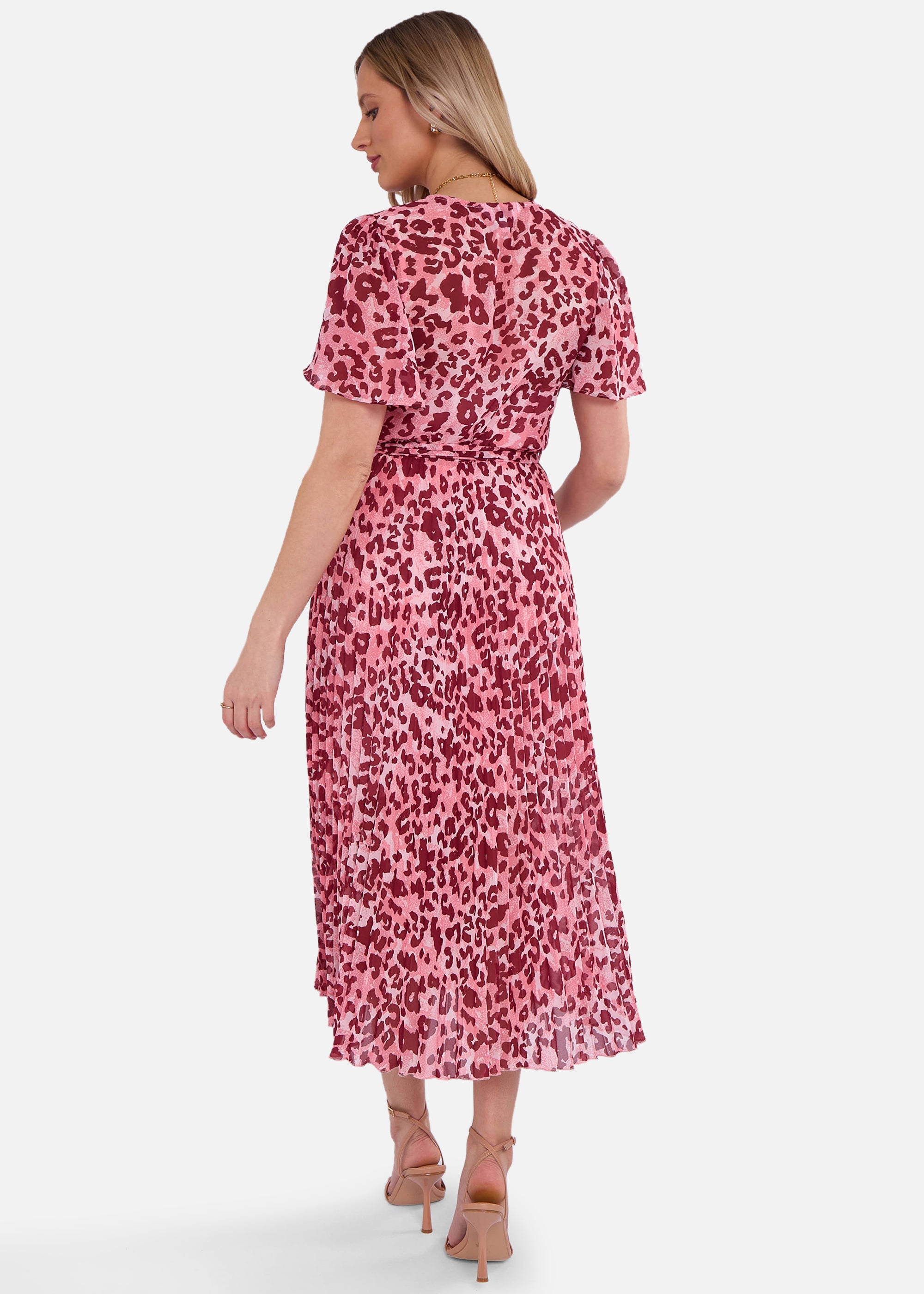 Pink Animal Print Wrap Pleated Midi Dress
