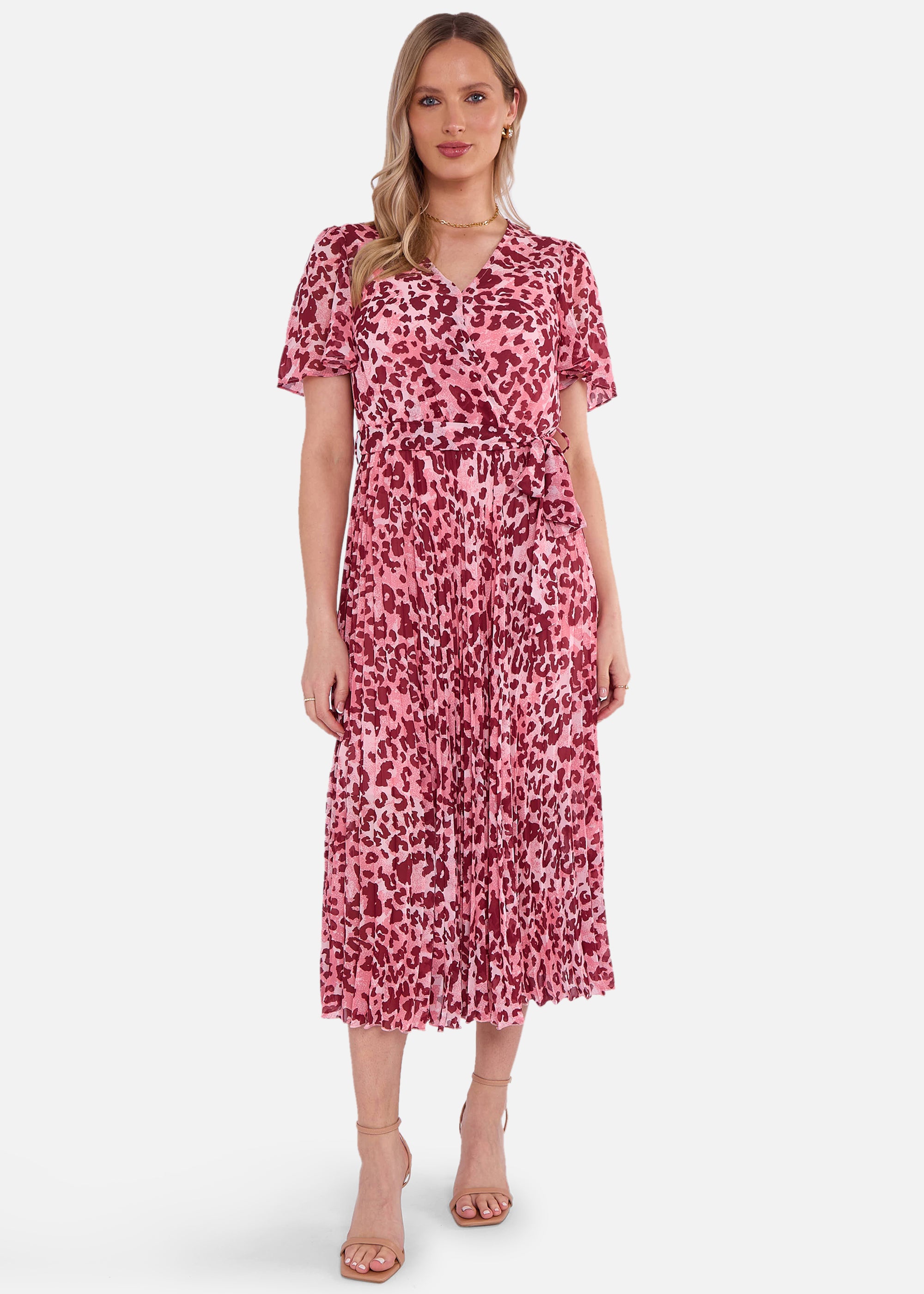 Pink Animal Print Wrap Pleated Midi Dress