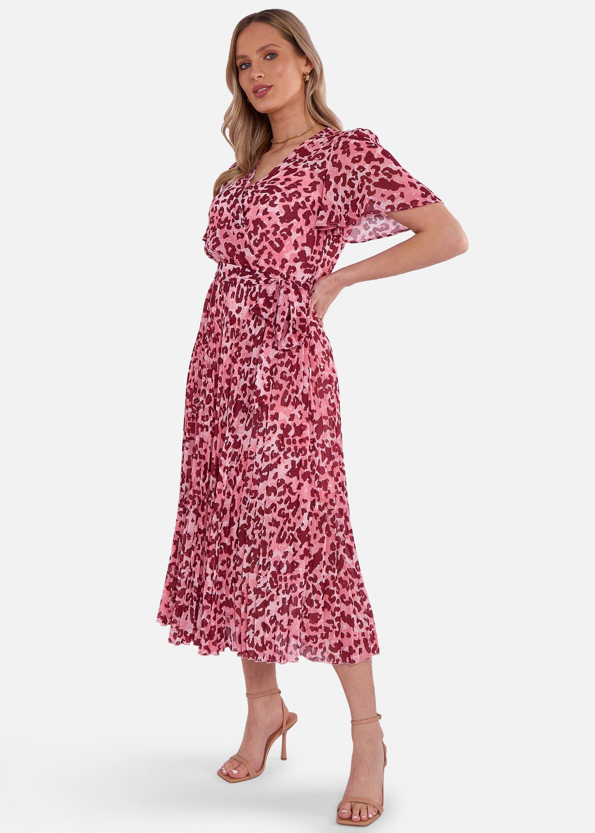 Pink Animal Print Wrap Pleated Midi Dress