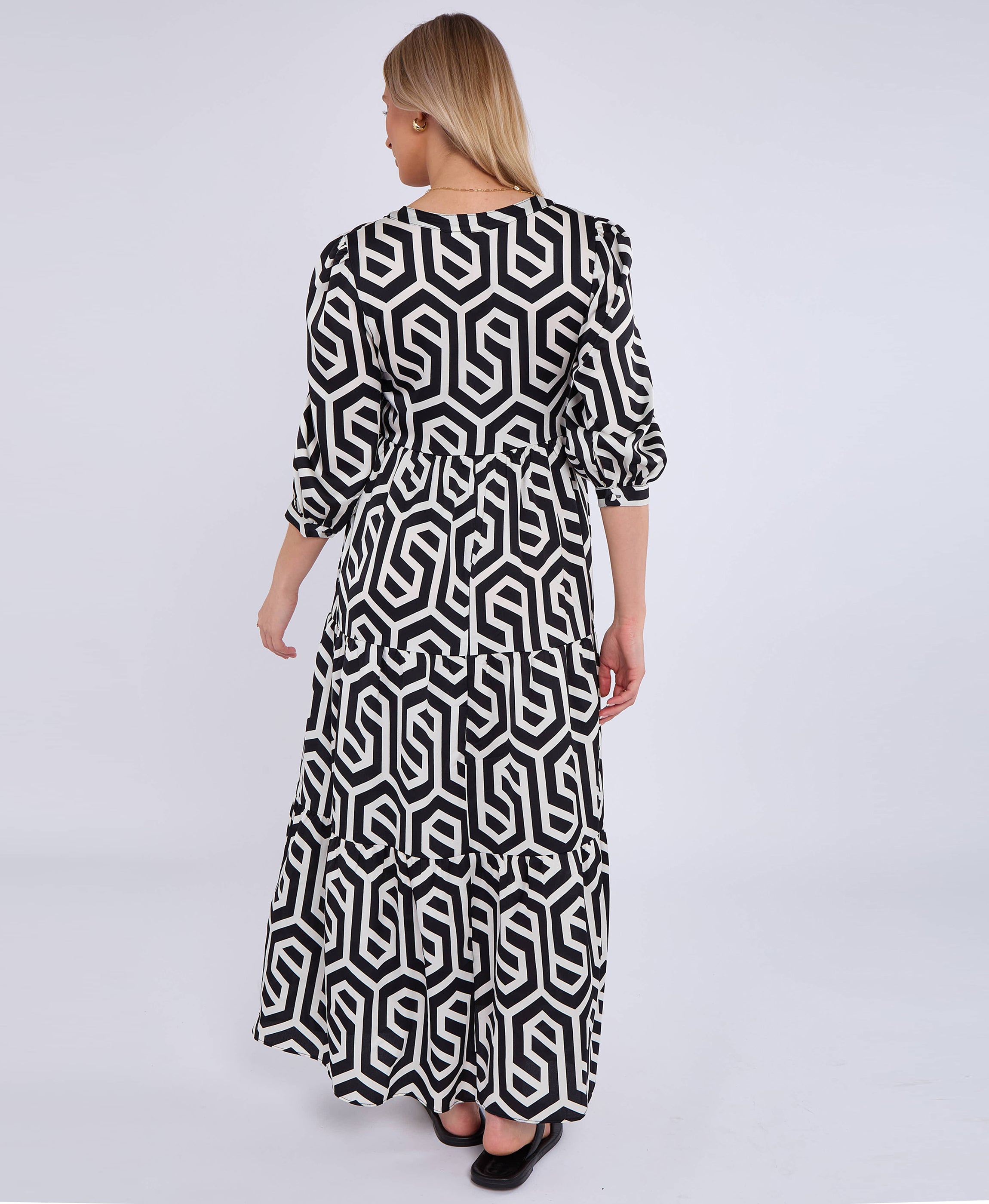 Black Geo Print Smock Maxi Dress