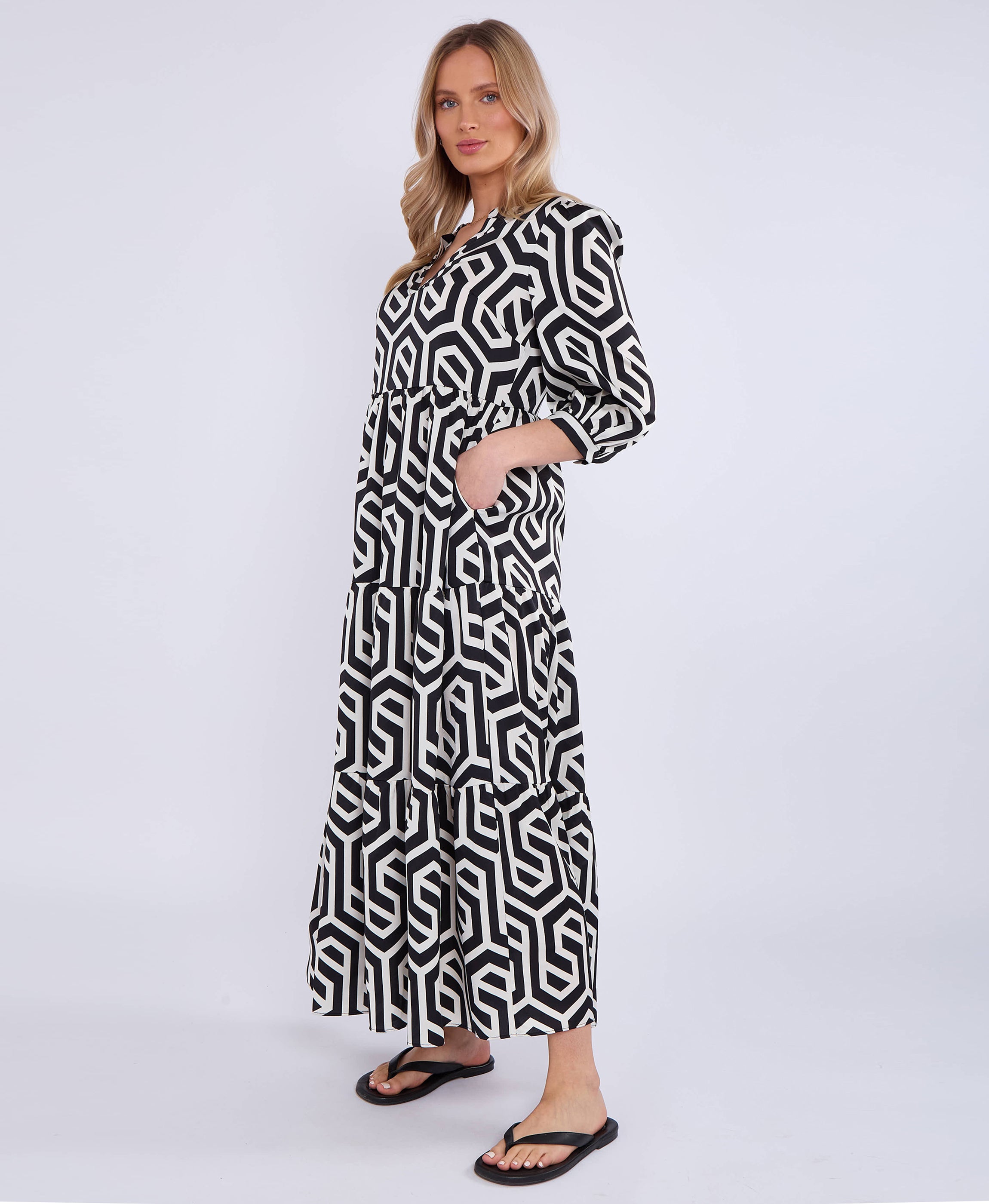 Black Geo Print Smock Maxi Dress