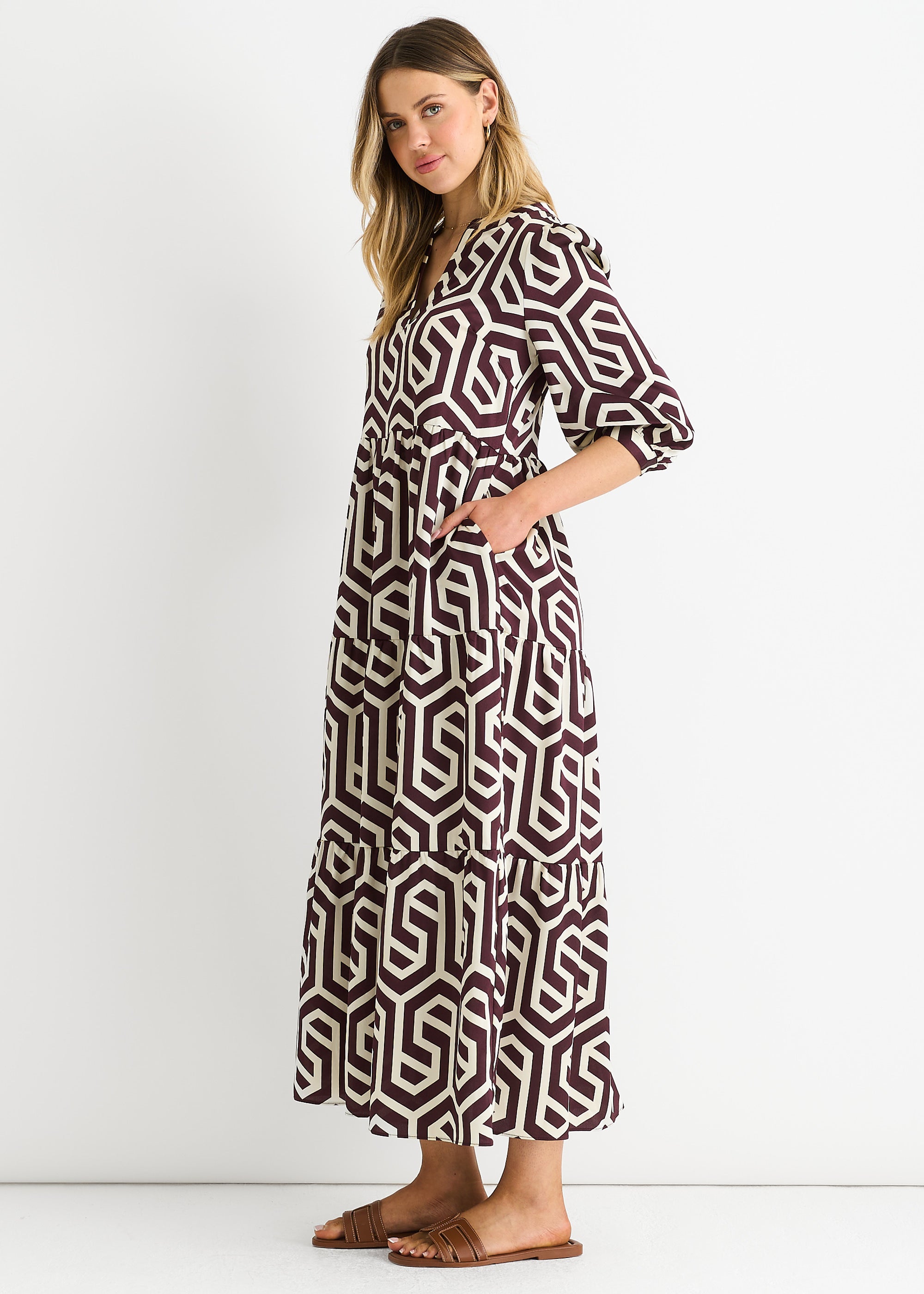 Brown Geo Print Smock Maxi Dress