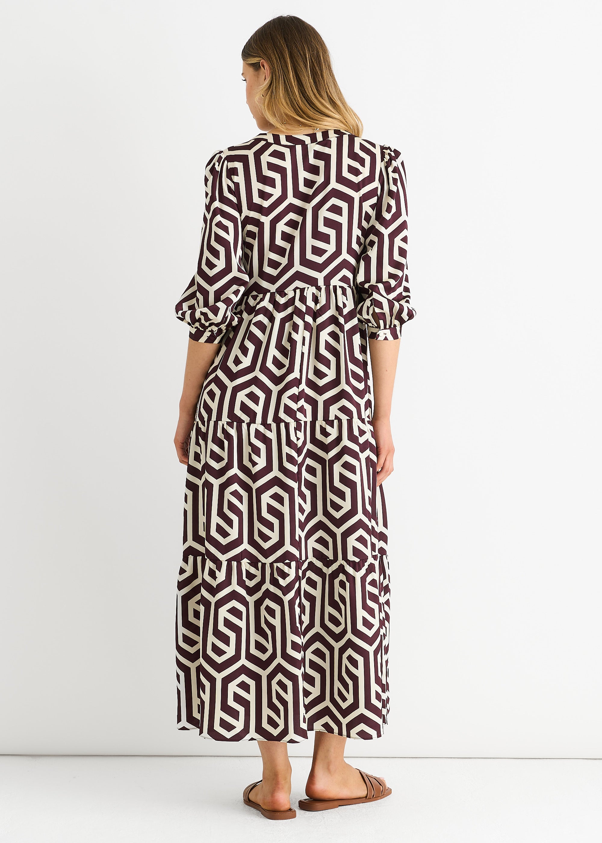 Brown Geo Print Smock Maxi Dress