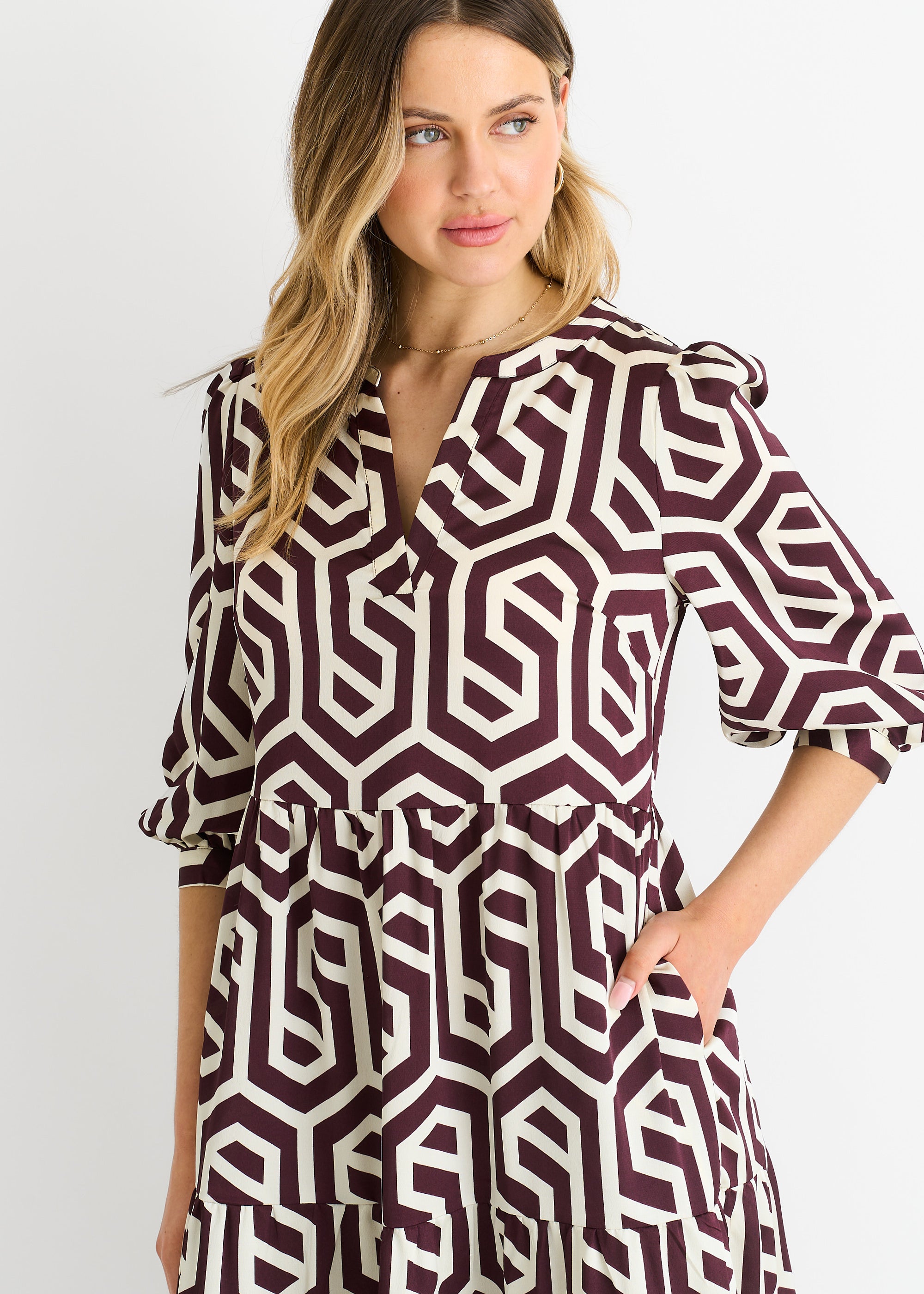Brown Geo Print Smock Maxi Dress