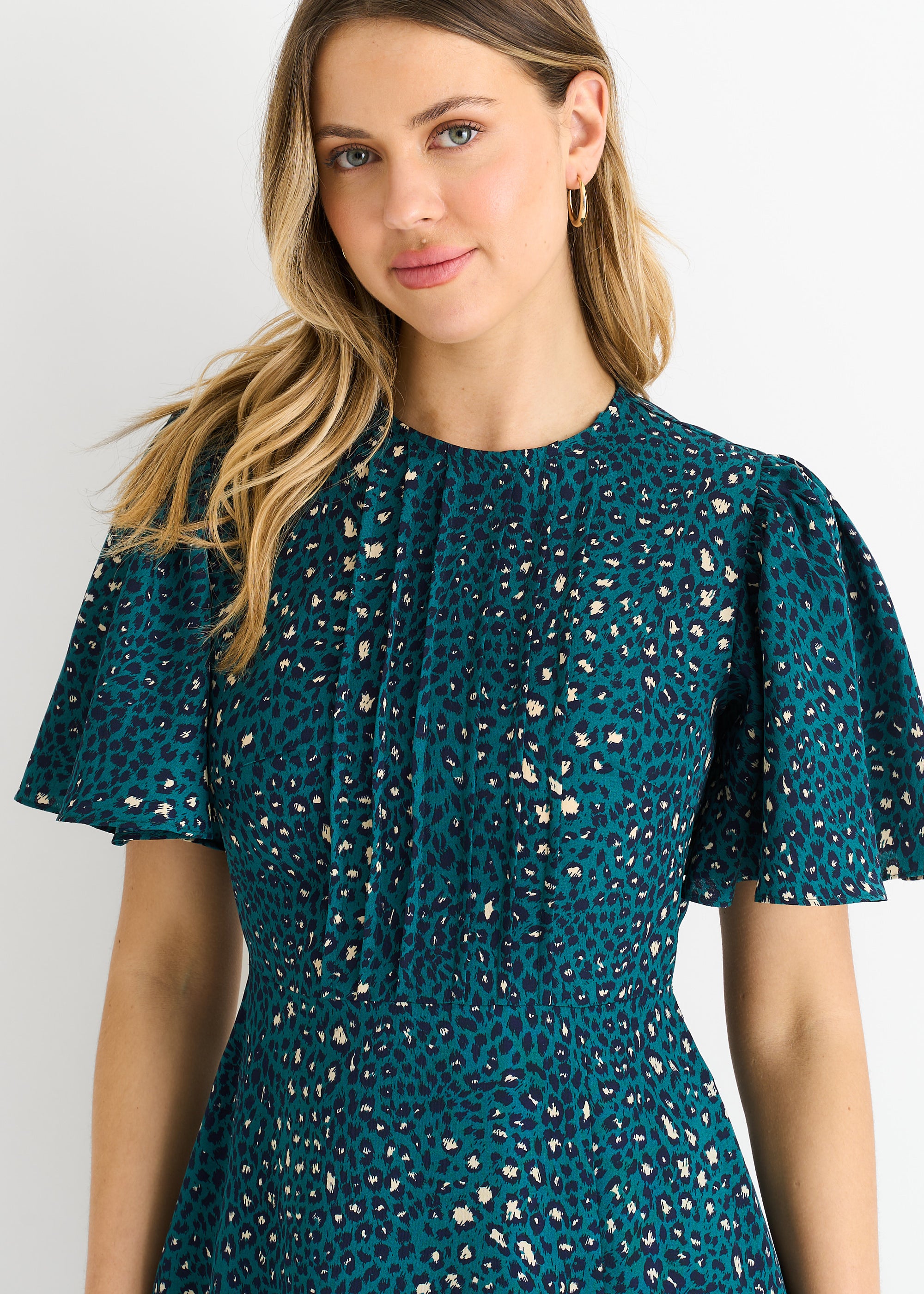 Green Animal Print Smock Oversized Tiered Midi Dress