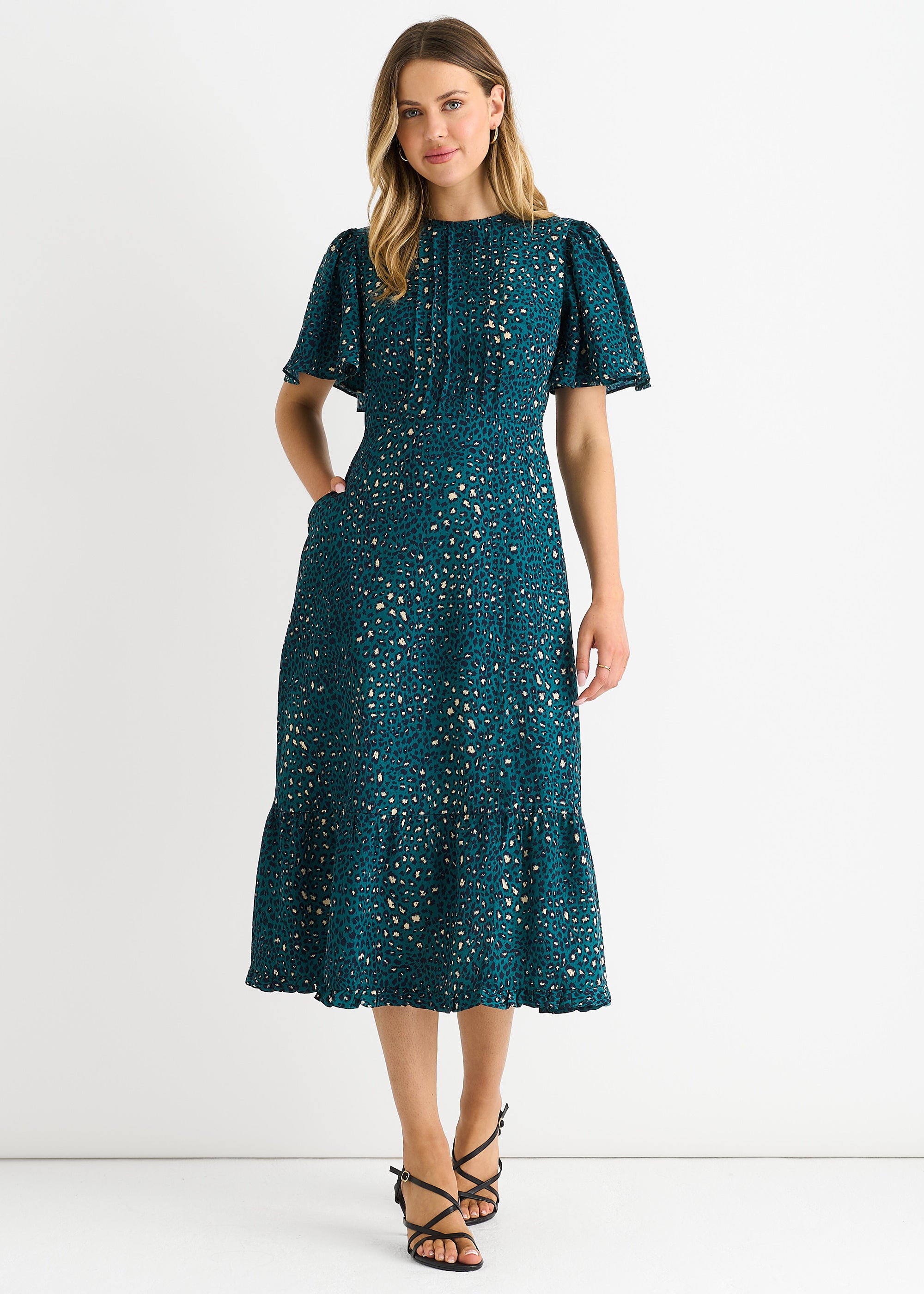 Green Animal Print Smock Oversized Tiered Midi Dress