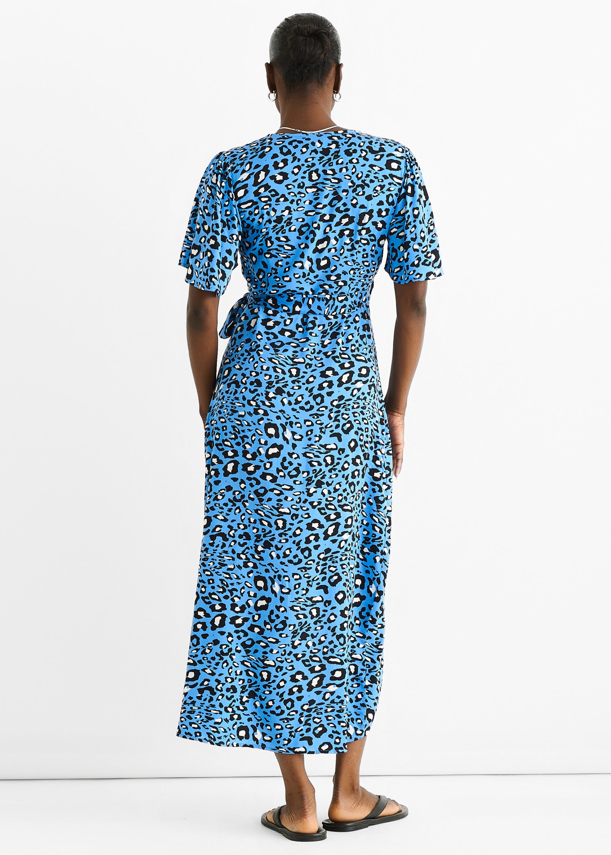 Blue Animal Print Viscose Wrap Midi Dress