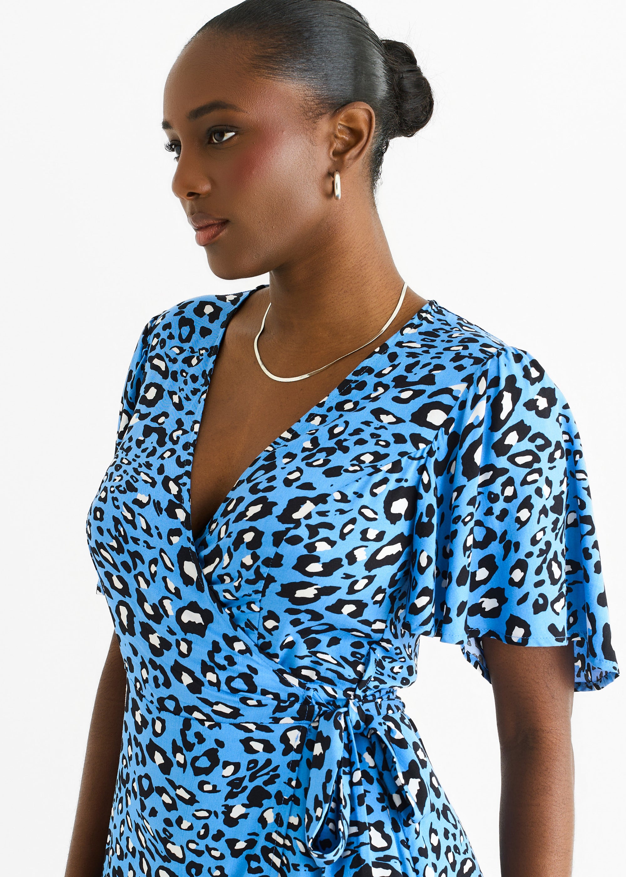 Blue Animal Print Viscose Wrap Midi Dress