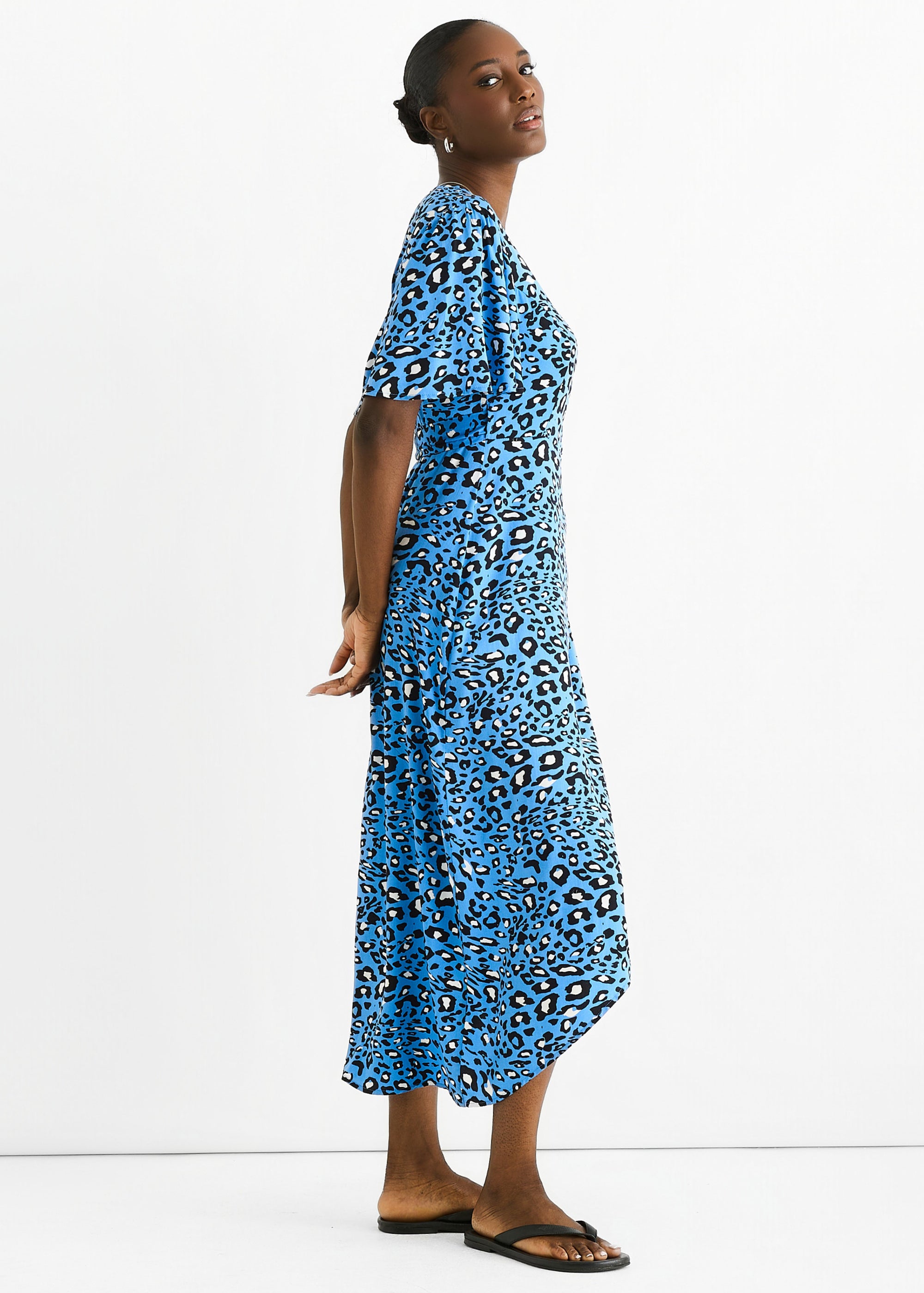 Blue Animal Print Viscose Wrap Midi Dress