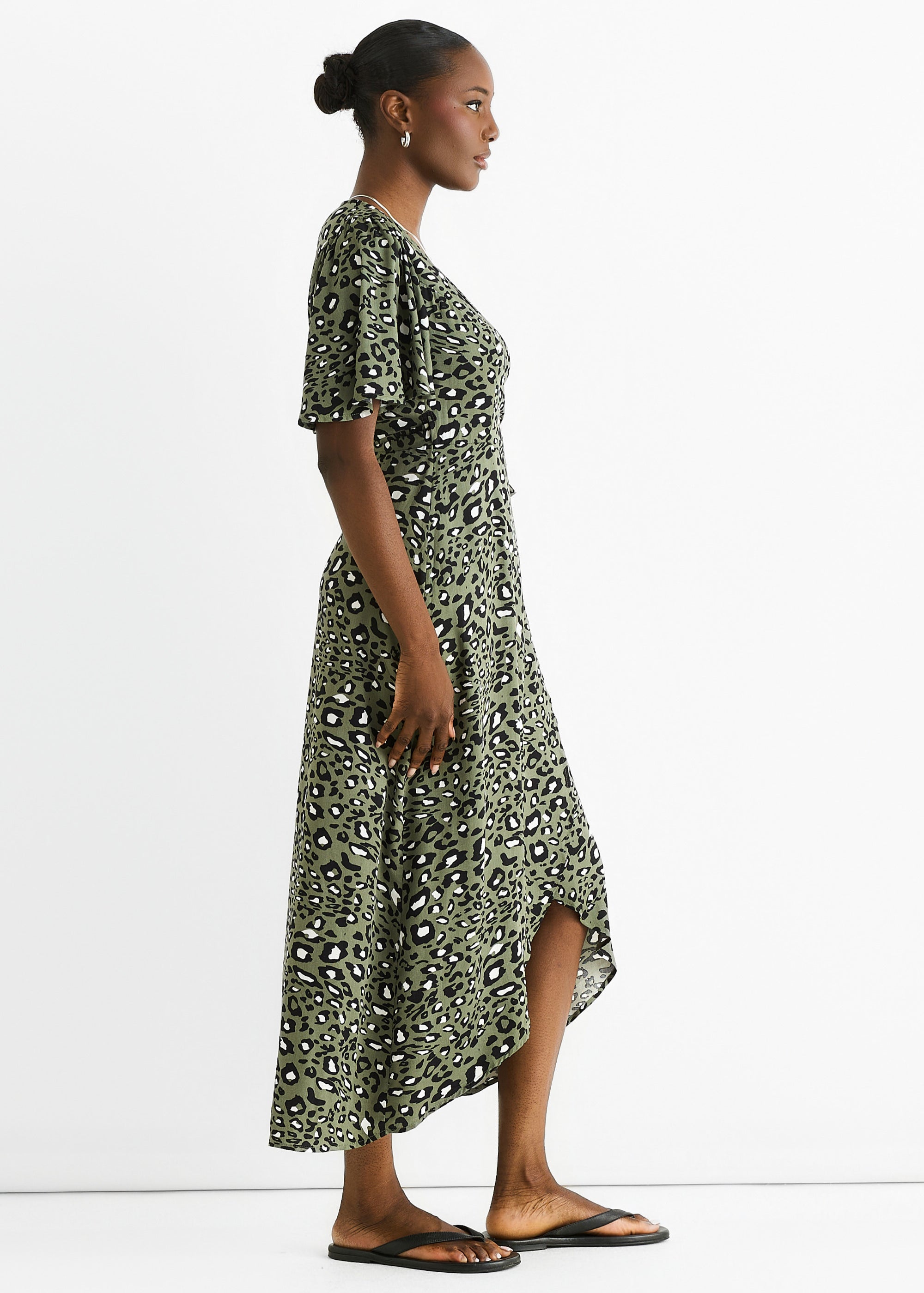 Khaki Animal Print Viscose Wrap Midi Dress