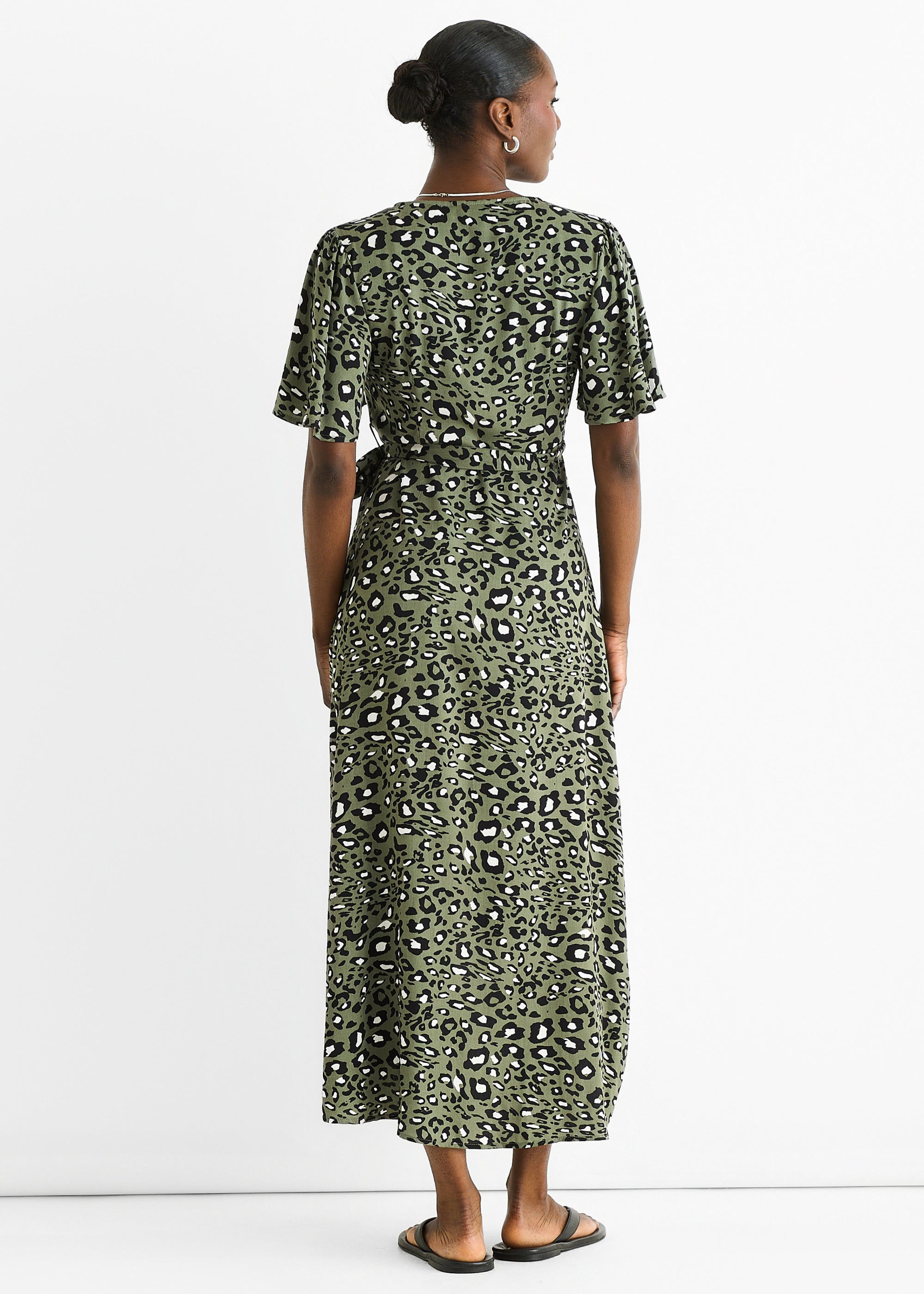 Khaki Animal Print Viscose Wrap Midi Dress
