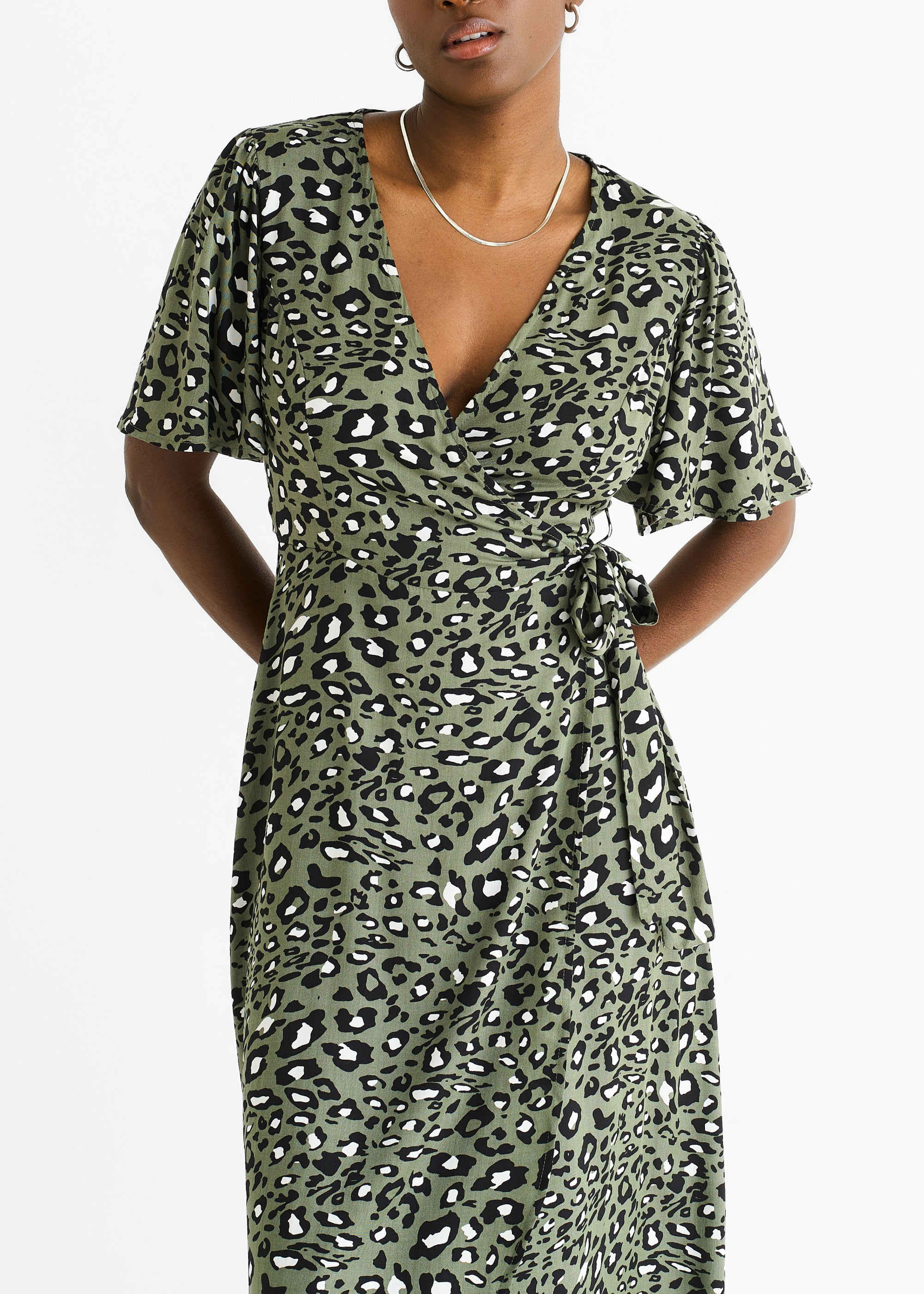 Khaki Animal Print Viscose Wrap Midi Dress