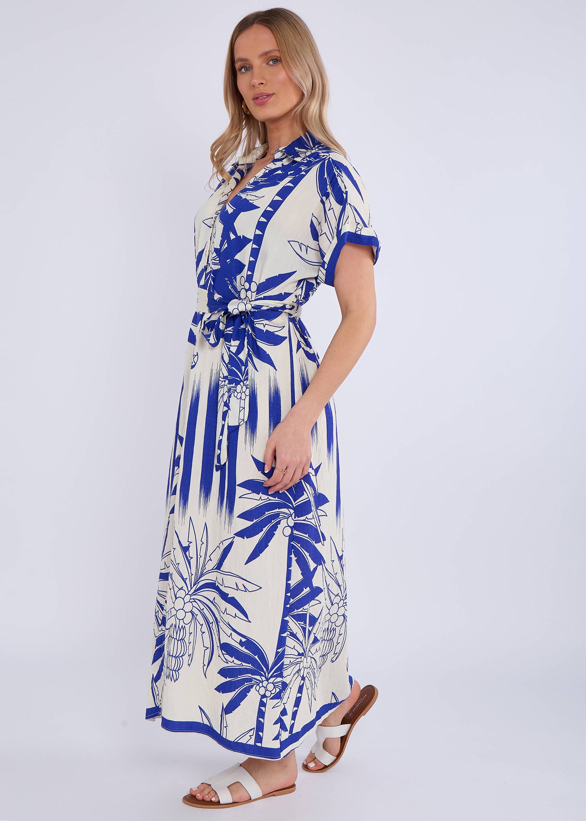 Blue Tropical Print Midi Shirt Dress