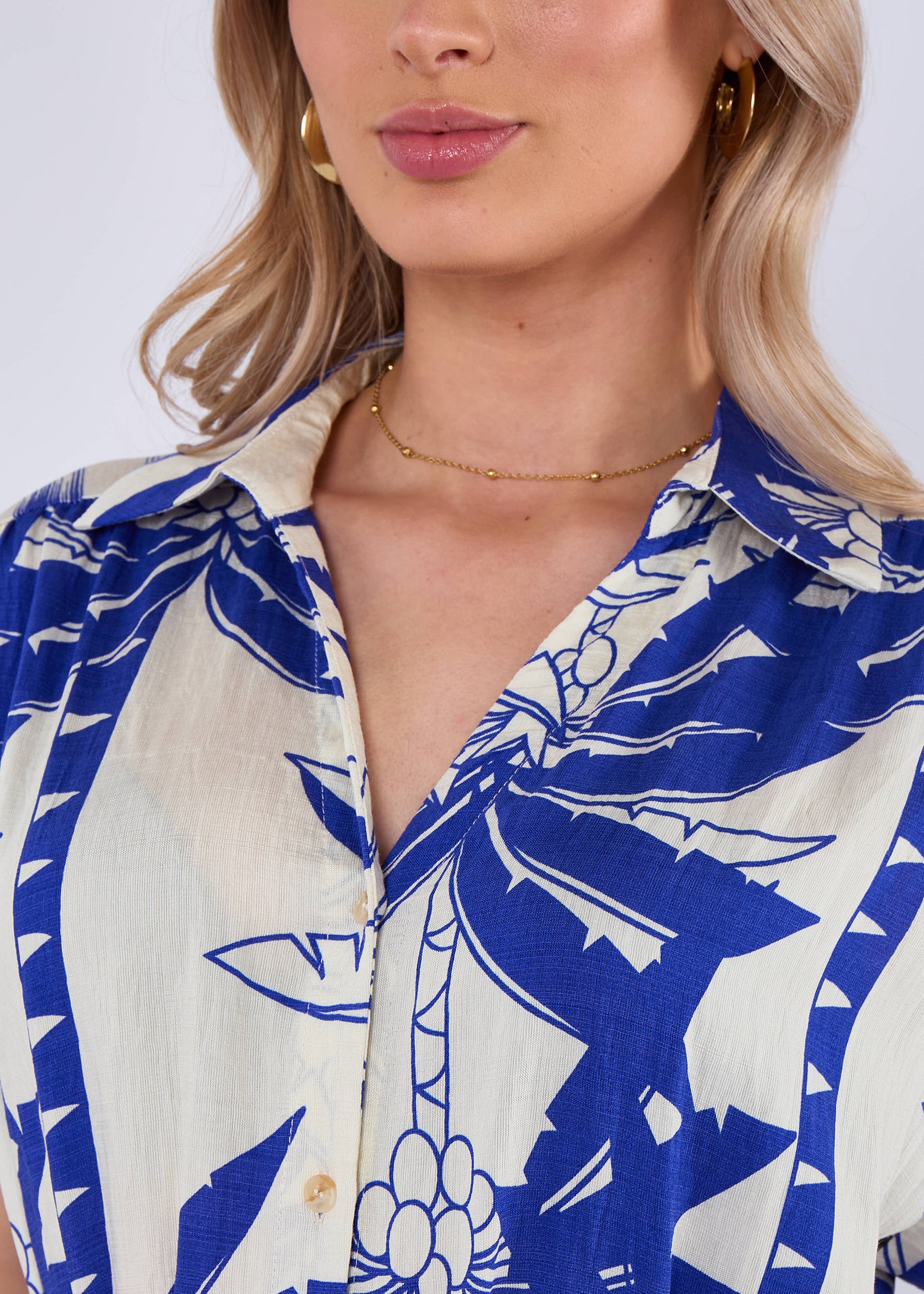 Blue Tropical Print Midi Shirt Dress