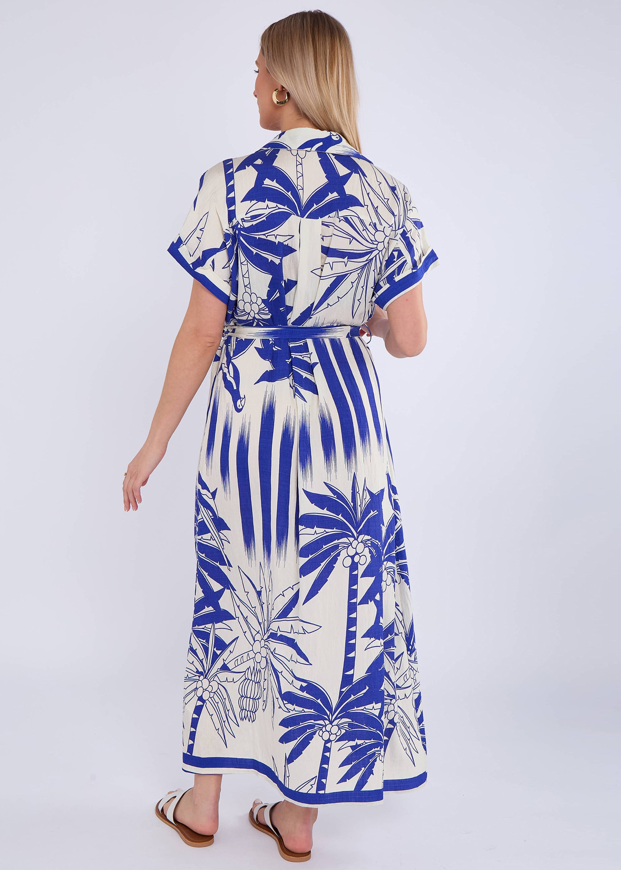 Blue Tropical Print Midi Shirt Dress