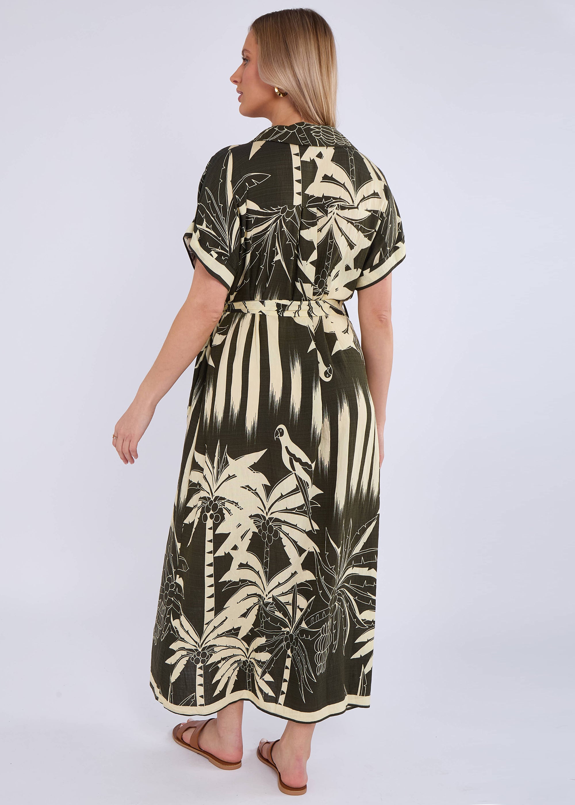 Khaki Tropical Print Midi Shirt Dress
