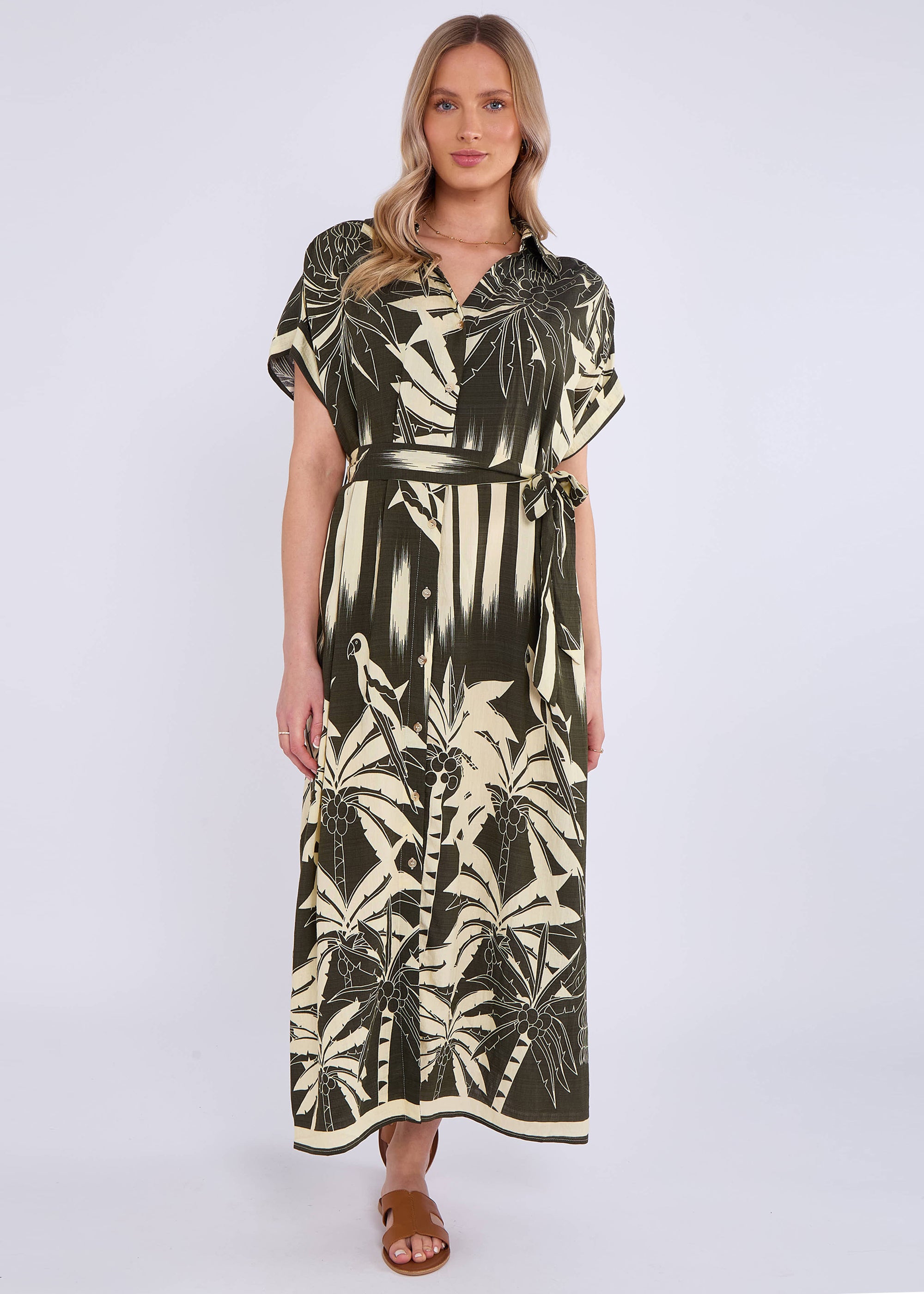 Khaki Tropical Print Midi Shirt Dress