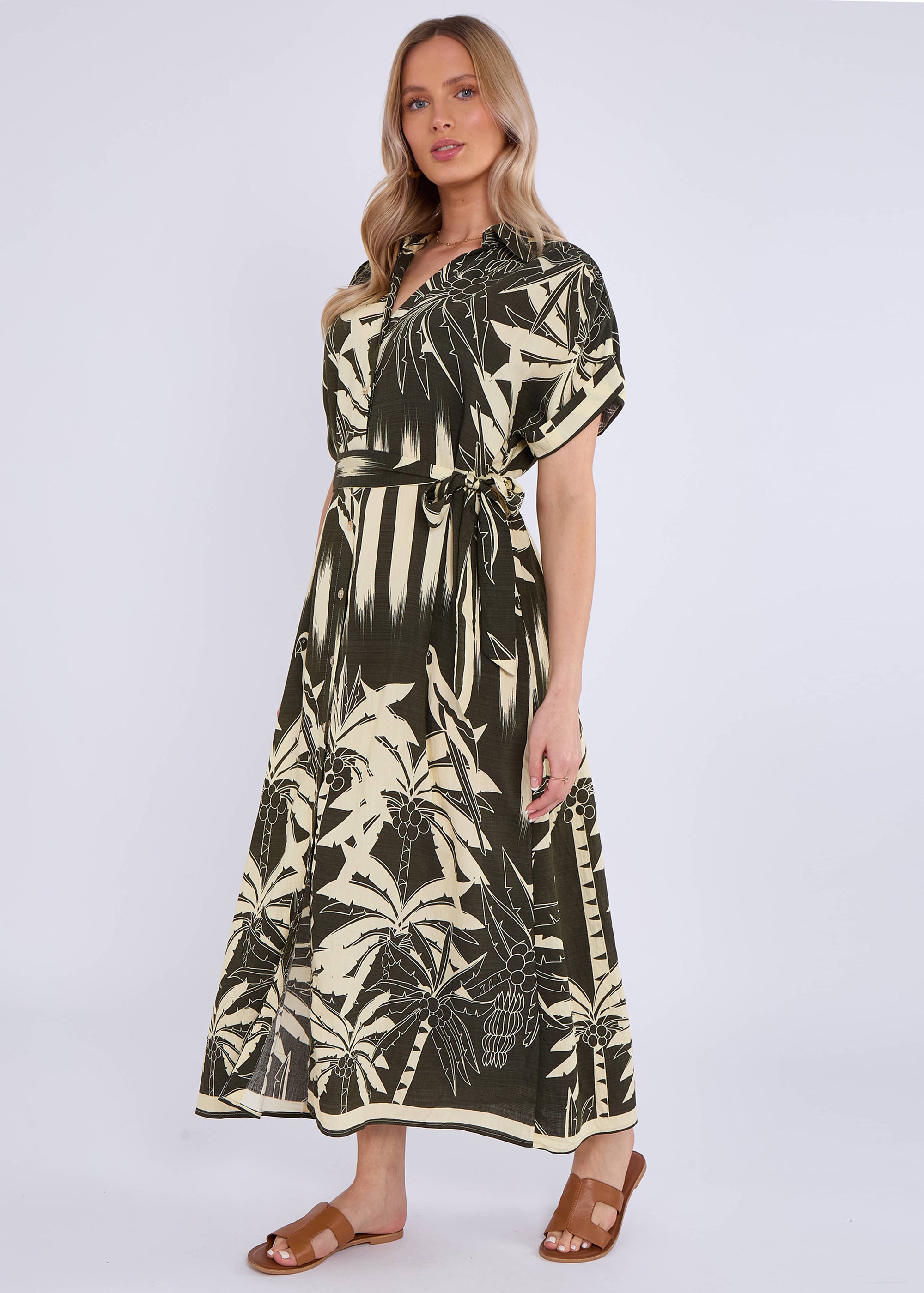 Khaki Tropical Print Midi Shirt Dress